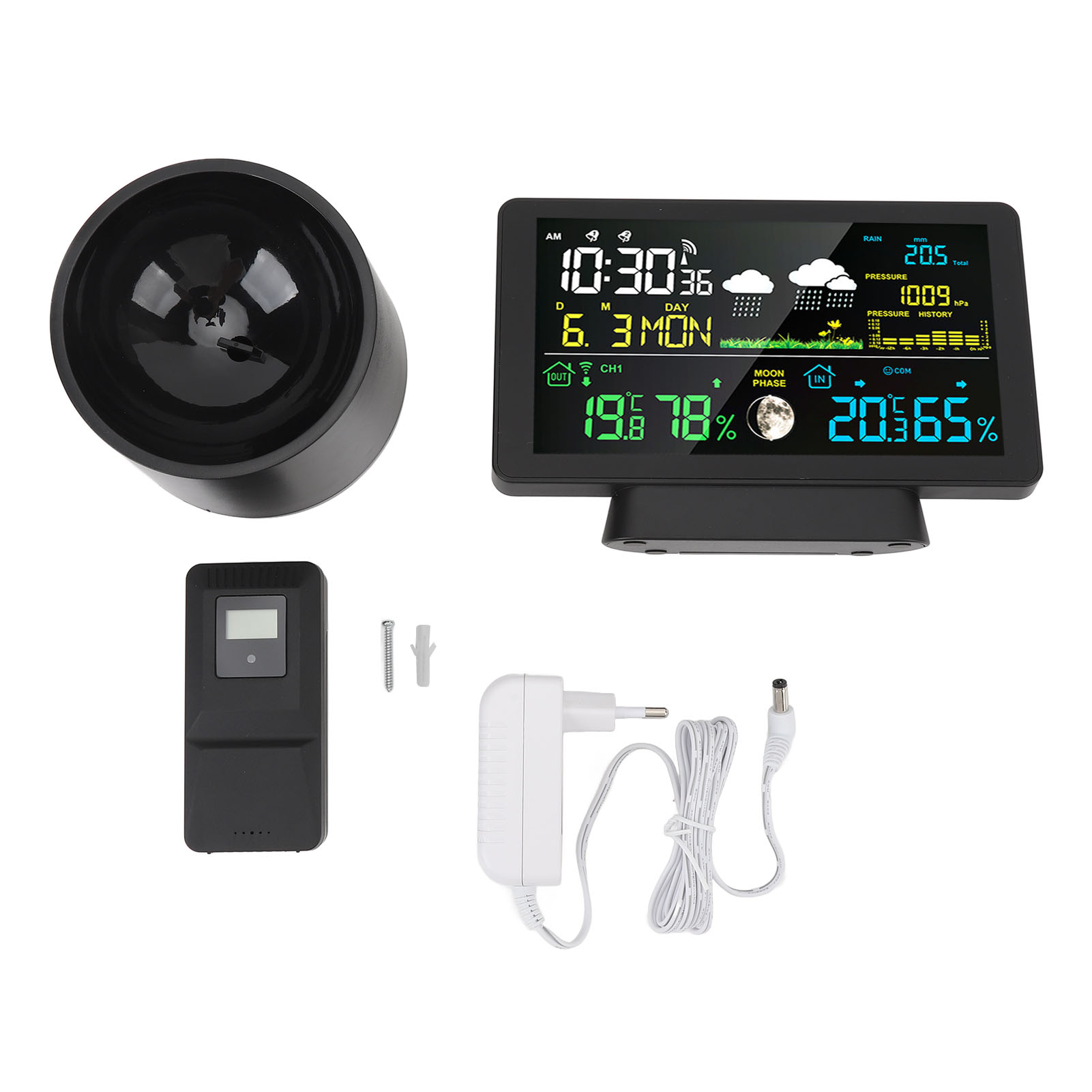 Kabellose Digitale Wetteruhr Für Zuhause Mit Wecker, 7,5-zoll-farbdisplay, Wetterstation Und Regenmesser, Eu-stecker.