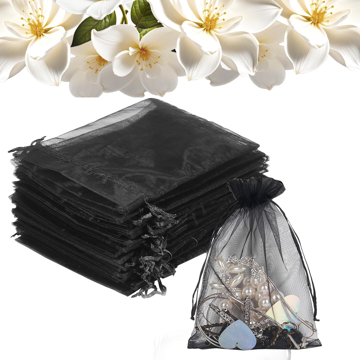 Packung Mit 50 Transparenten Organzabeuteln Mit Kordelzug Für Hochzeiten – 7,6 X 10,2 Cm – Schwarz