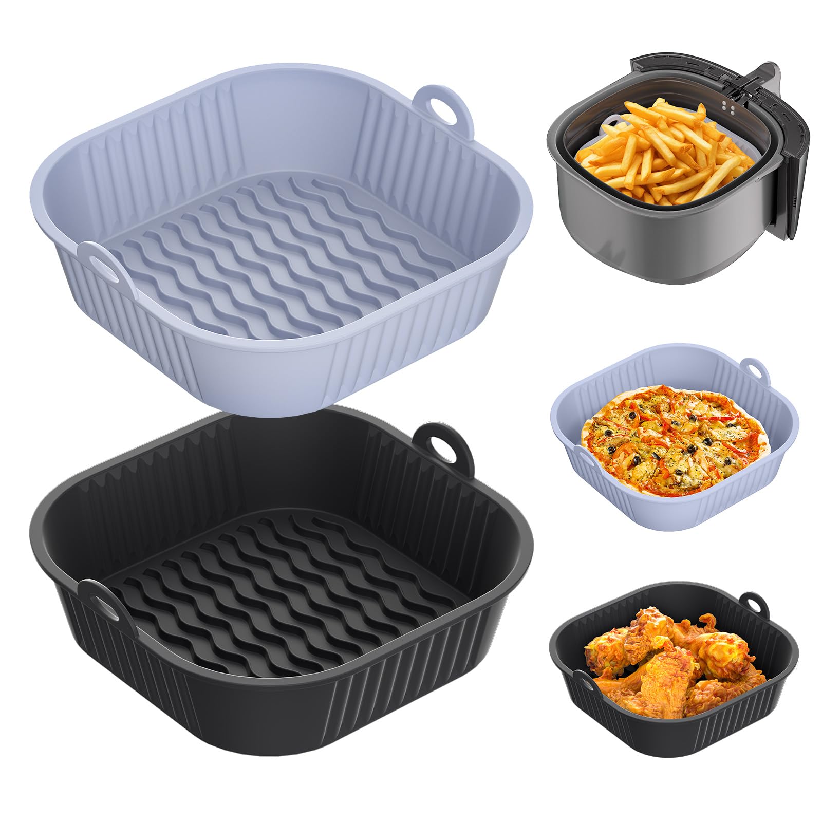 5-8 Liter Airfryer-tablett, 2 Silikon-airfryer-formen, Erhöhter Boden, Wiederverwendbare Silikonform Für Hähnchen, Pommes Frites, Pizza, Kuchen, Brot (grau Und Schwarz)