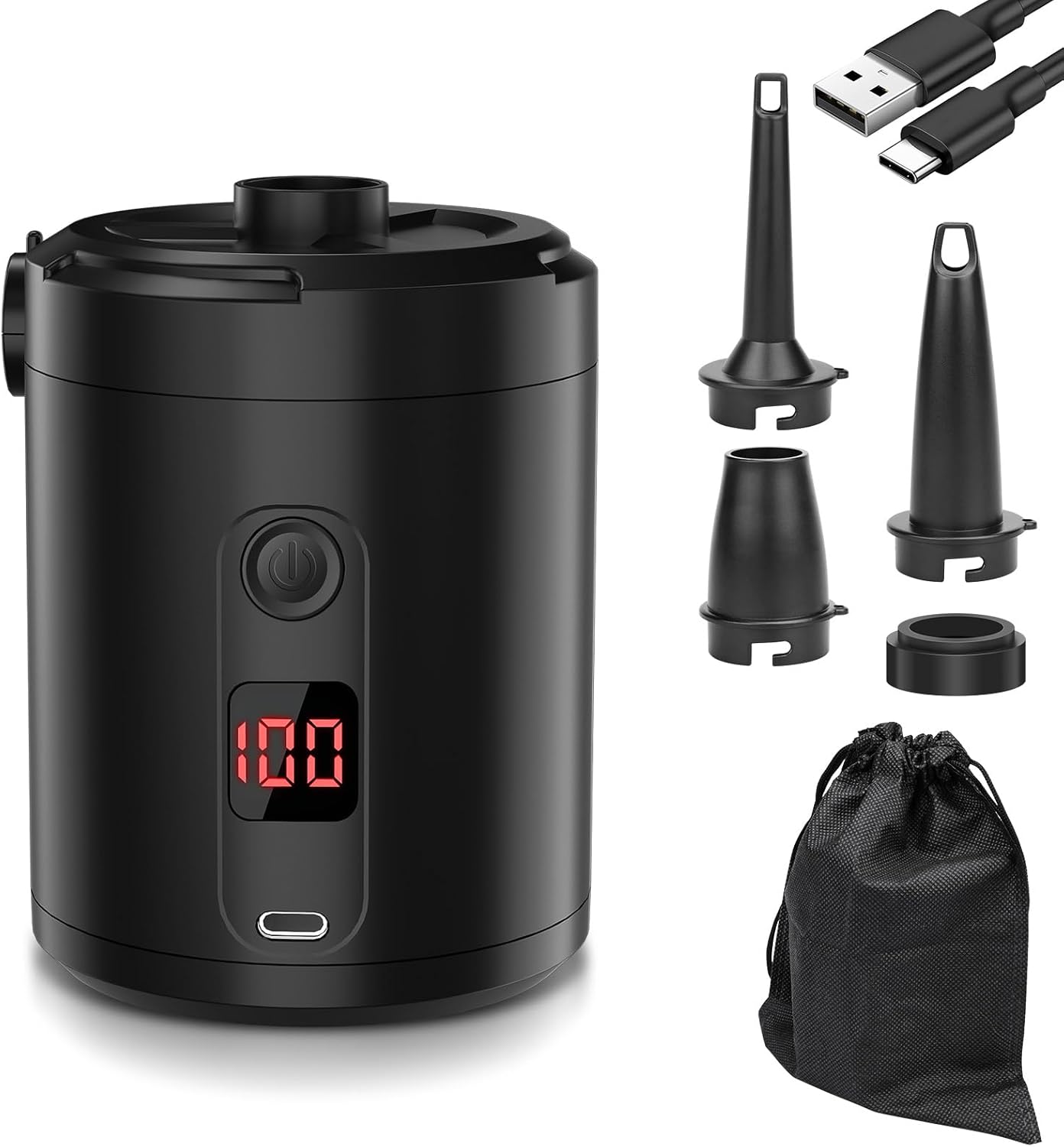 Wiederaufladbare Elektrische Luftpumpe Mit 5200 Mah Akku Und Digitalanzeige – 280 L/min, 3 Düsen, Kabellos
