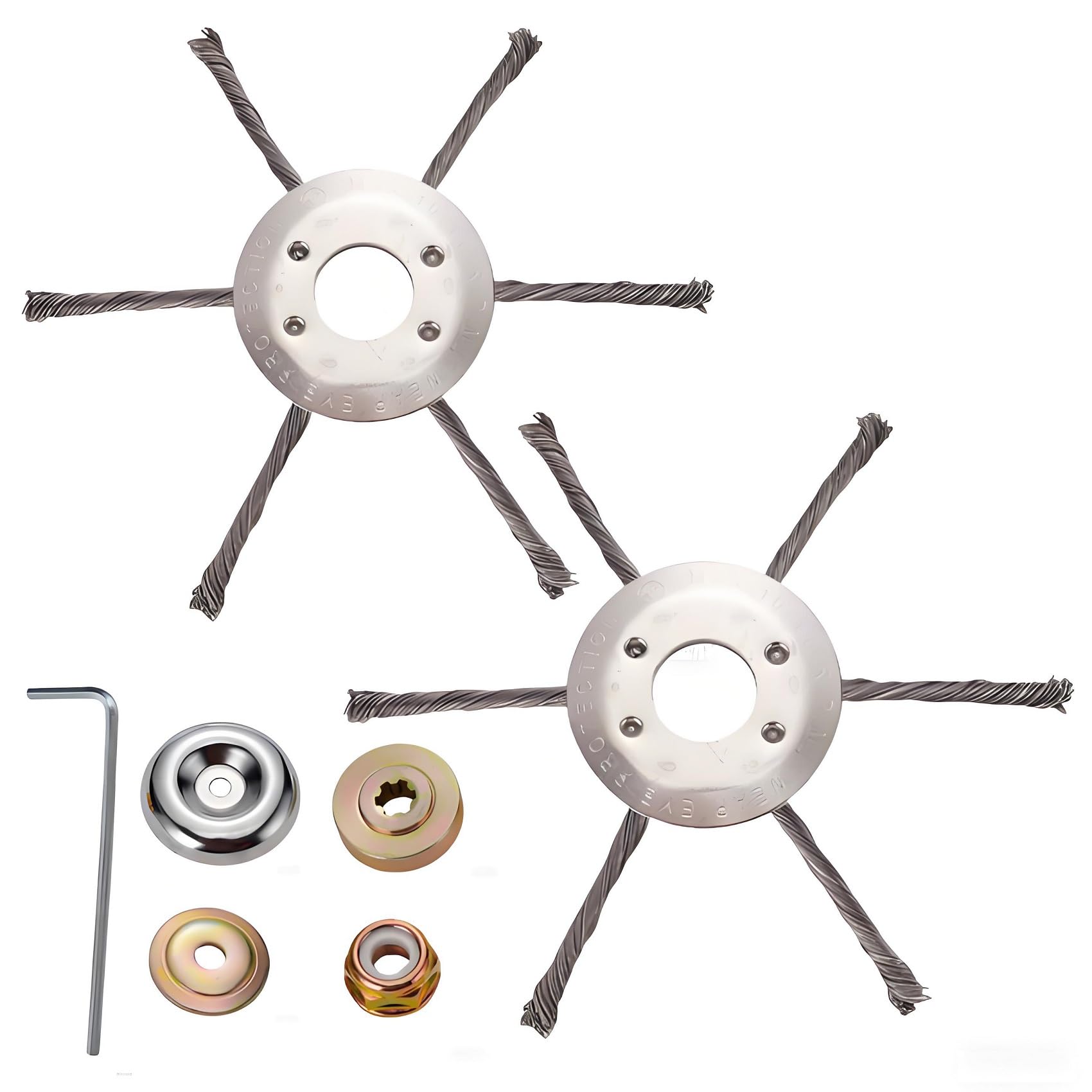 Set Mit 2 Drahtbürstenköpfen Aus Stahl, 230 Mm Langes, Geknotetes Messer, Universeller Ersatz Für Dieselrasenmäher, Inklusive Befestigungsschrauben Zum Rasenkantenschneiden, Rostentfernen Und Reinigen