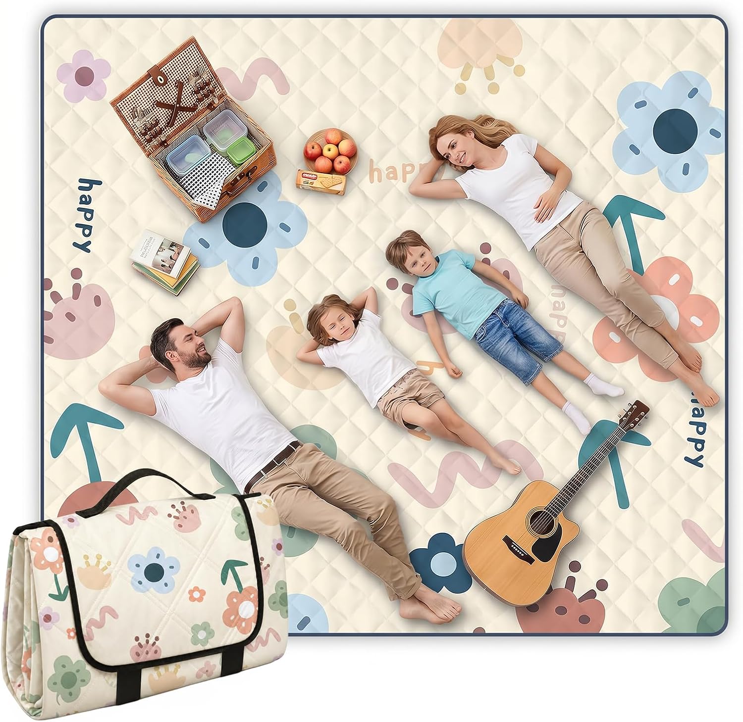 Picknickdecke 200 X 200 Cm, Wasserdichte Und Sandabweisende Campingmatte, Waschbar, Fröhliches Blumenmuster.