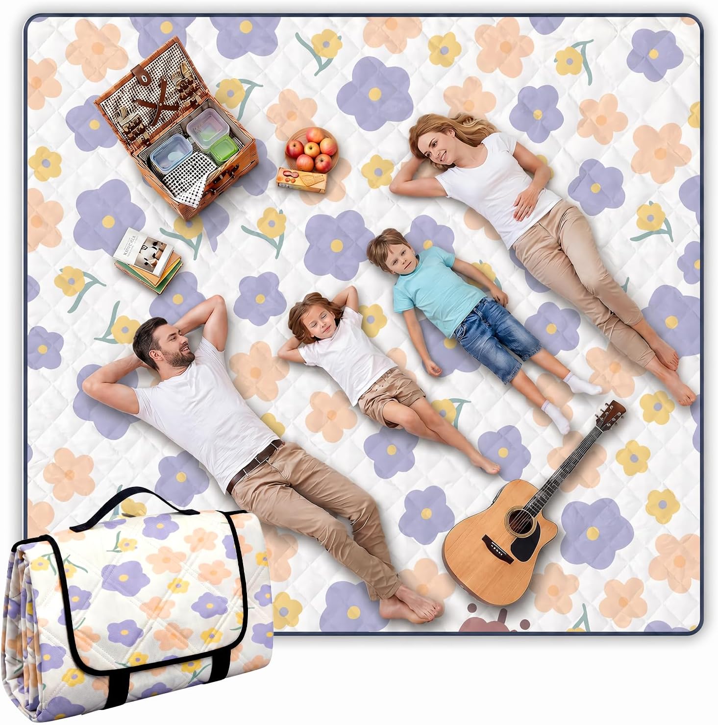 Picknickdecke 200 X 200 Cm, Große, Tragbare Campingmatte, Faltbare Picknickdecke, Hibiskusmuster