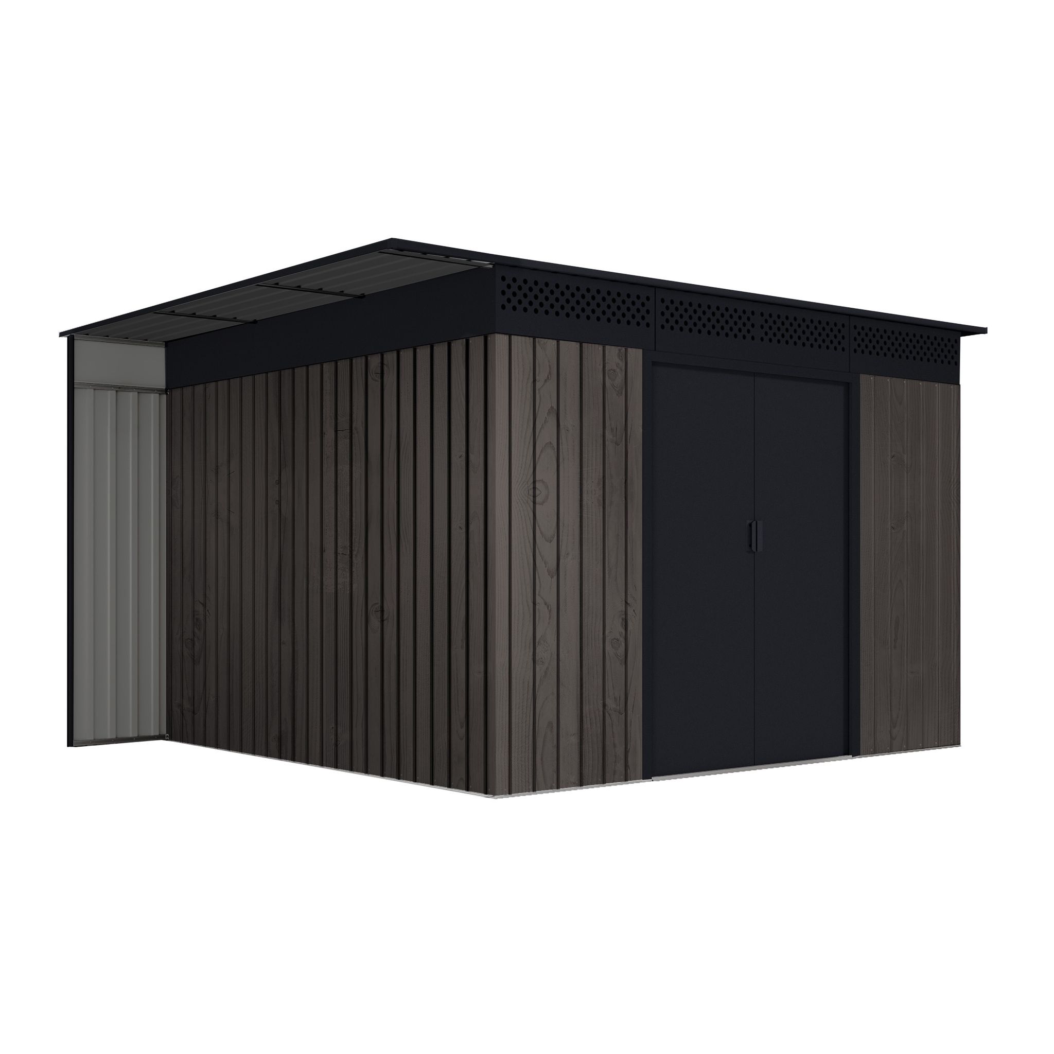 Gartenhaus 8,96m² Robin – Holzoptik - Seitlicher Holzunterstand - Schiebetüren