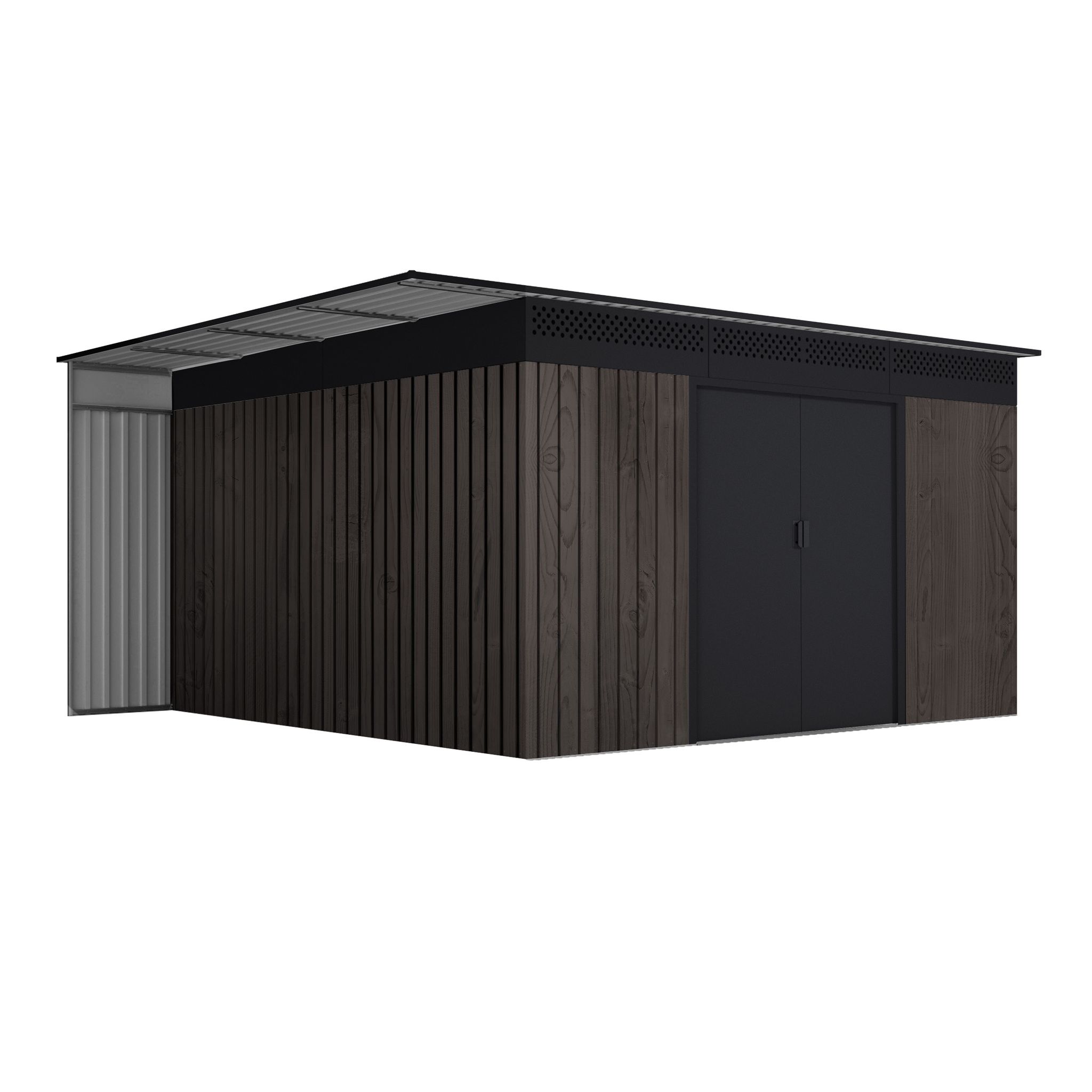 Gartenhaus 13,2m² Robin – Holzoptik - Seitlicher Holzunterstand - Schiebetüren
