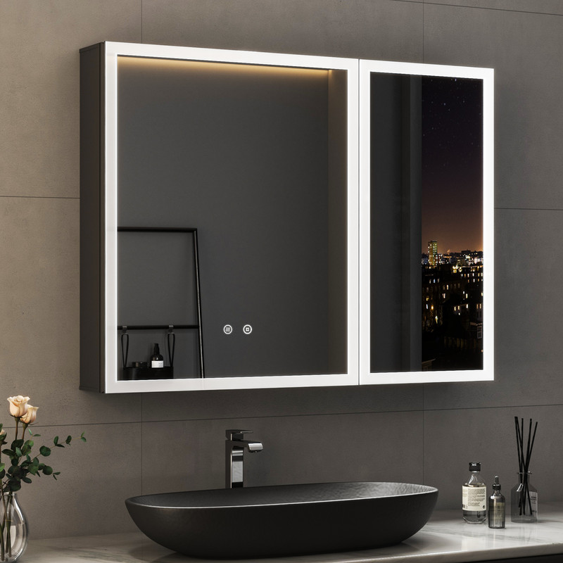 80 X 60 Cm Schwarz Spiegelschrank Bad Mit Beleuchtung Led Spiegelschrank Mit Beleuchtung Aluminium Badezimmerschrank Mit Spiegel Bad Hängeschränke Medizin Kabinett Mit 3 Einstellbare Lichtfarben + Bes