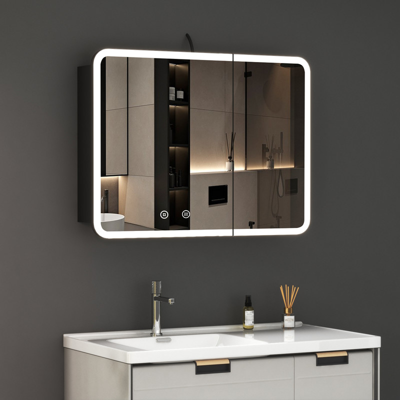 Schwarz Spiegelschrank Bad Mit Beleuchtung 80x60 Cm Komplett Vormontiert Spiegelschrank Mit Beleuchtung Badspiegel Schwarz Badezimmerschrank Hängeschränke Mit 3 Einstellbare Lichtfarben, Beschlagfrei,