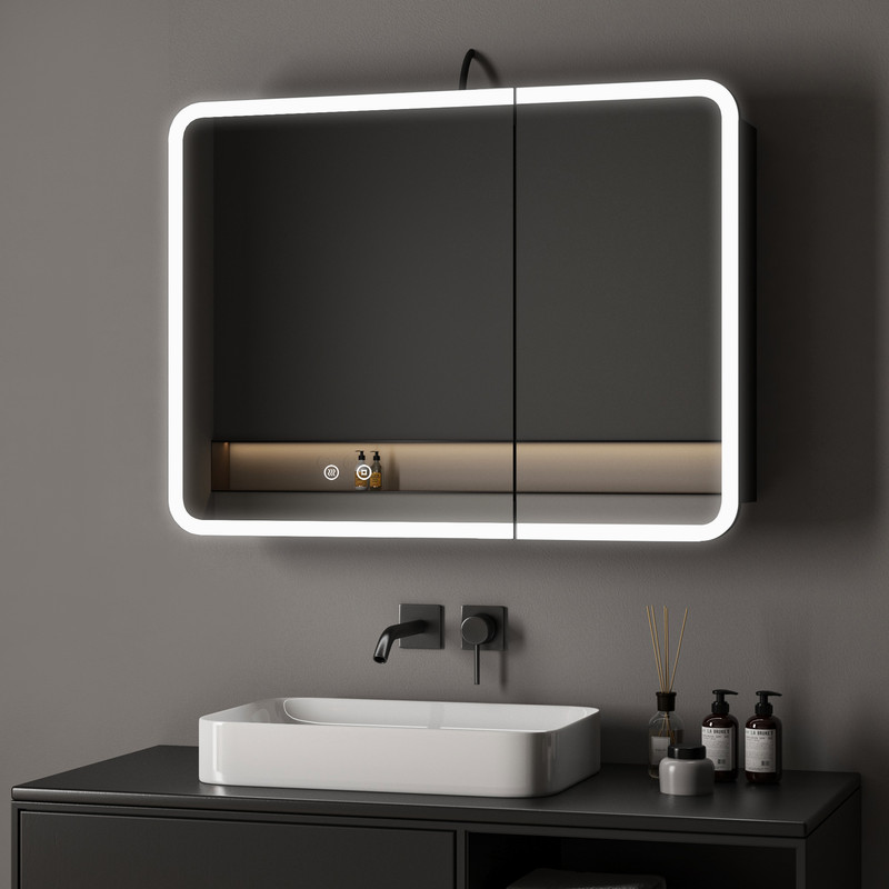 Wdwritti Schwarz Spiegelschrank Bad Mit Beleuchtung 80x60cm Spiegelschrank Mit Beleuchtung Badezimmerschrank Mit Spiegel Hängeschränke Medizin Kabinett Mit 3 Einstellbare Lichtfarben + Beschlagfrei +