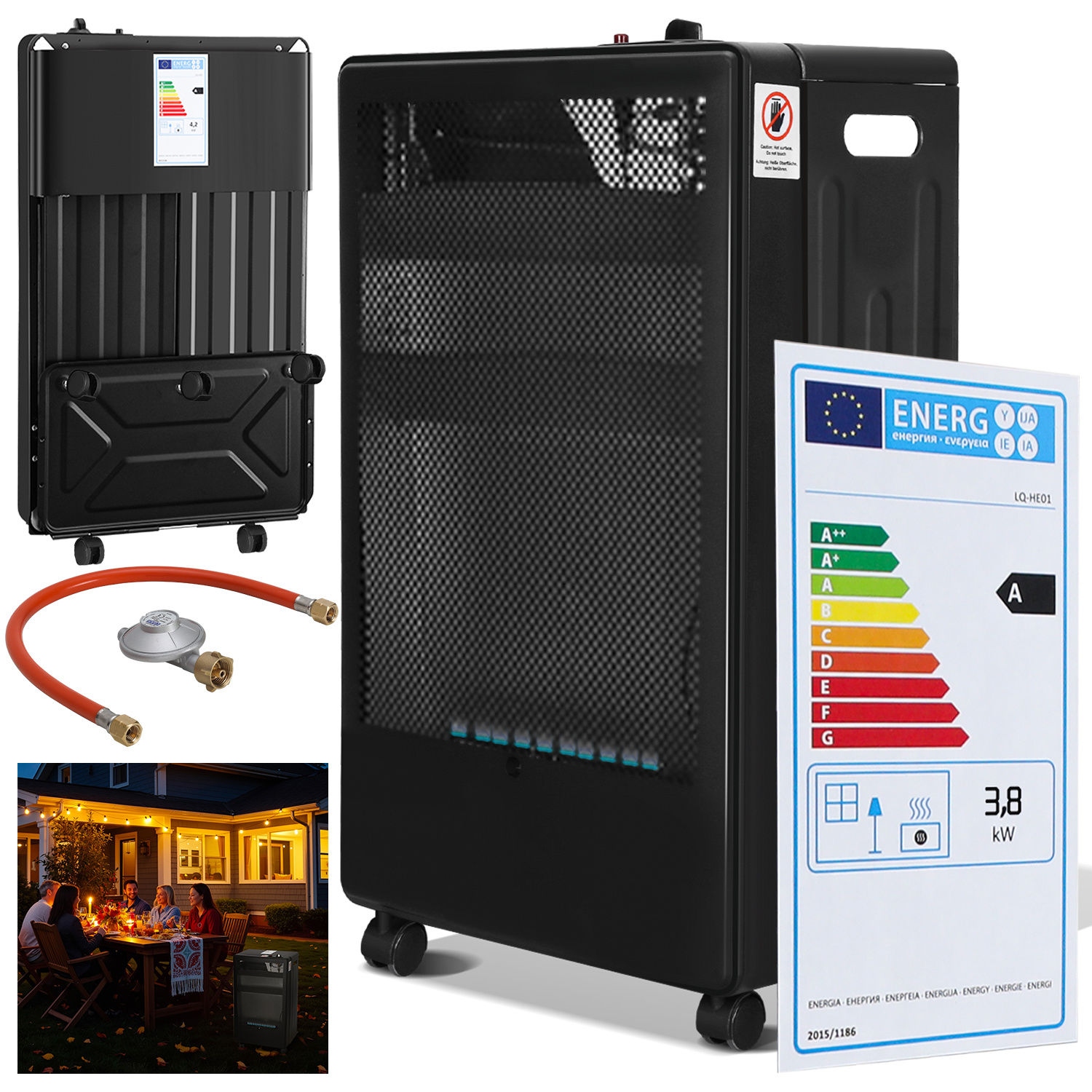 Wolketon Blue Flame Gasheizer 3800w, 2 Heizstufen, Ods, Piezozündung, 5 Rollen