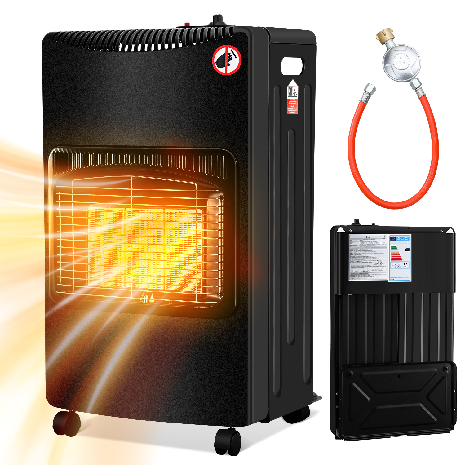 Wolketon Gasofen Keramik 4200 Watt Mit 3 Stufen, Sauerstoffmangelsicherung, Gasschlauch & Regler, 4 Rollen