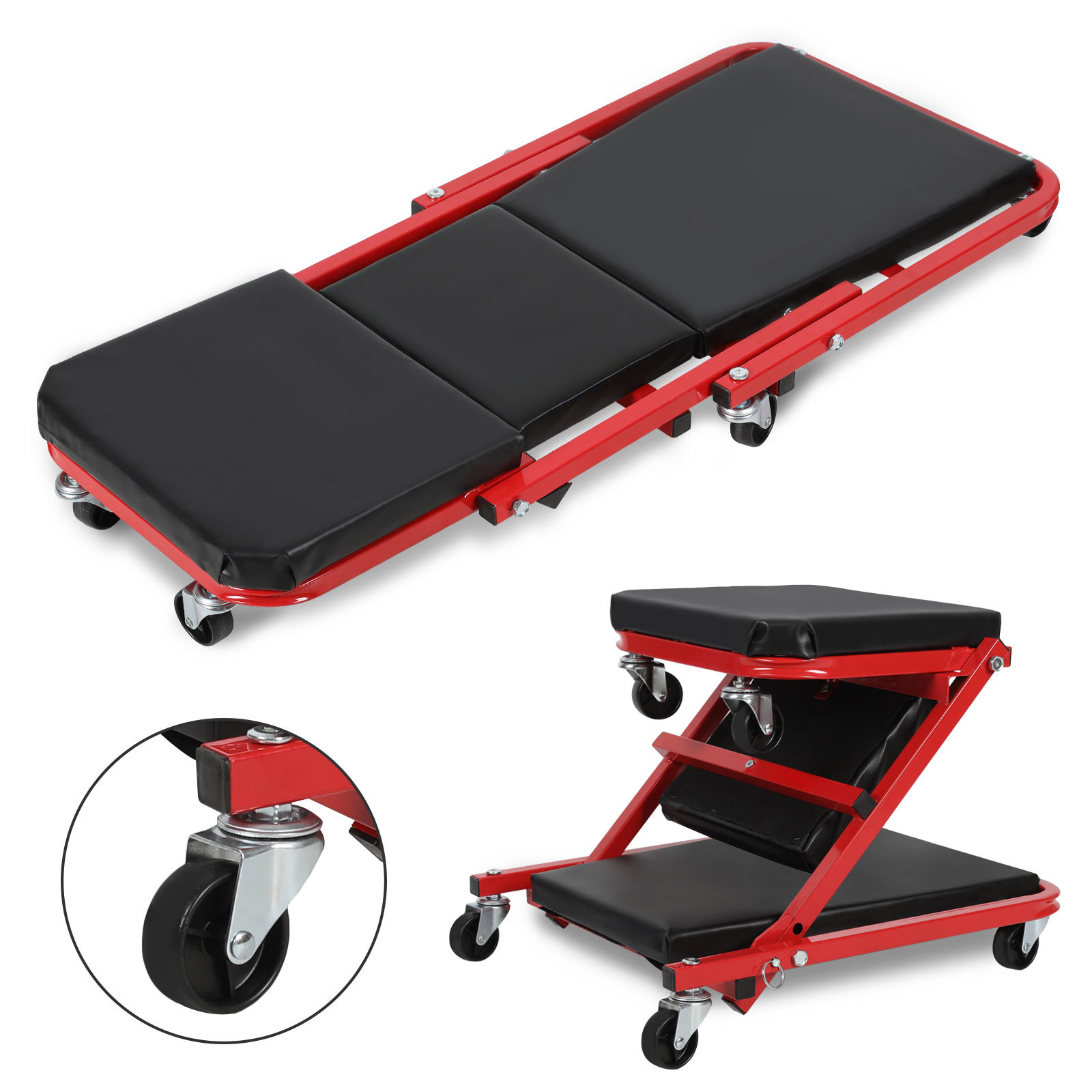 Wolketon Montagerollbrett 36 Zoll Klappbar, Auto Werkstattliege Mit Gepolstertem Sitz, 360° Rollen, 150 Kg Tragkraft, Schwarz-rot