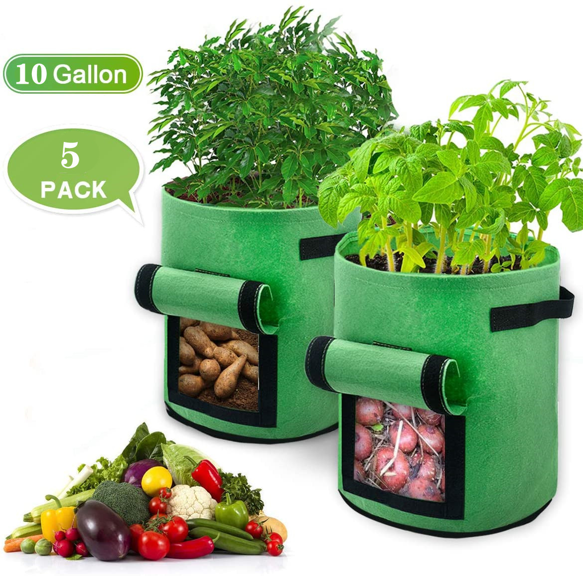 Wolketon 5er Set Pflanzsäcke 38 L Aus Vlies Mit Sichtfenster & Griffen, Kartoffel-pflanztaschen Für Gemüse, Balkon & Garten
