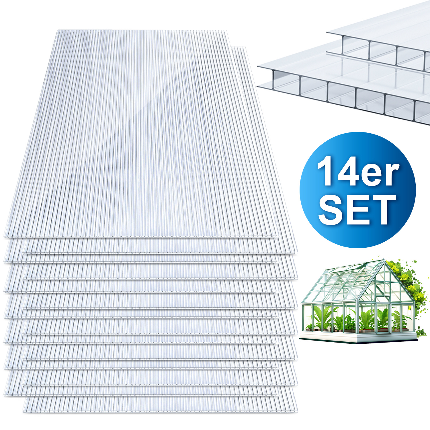 Wolketon 14x Polycarbonat Hohlkammerplatten 4mm Transparent Hohlkammerstegplatten Uv-beständigen Für Gewächshaus Carports