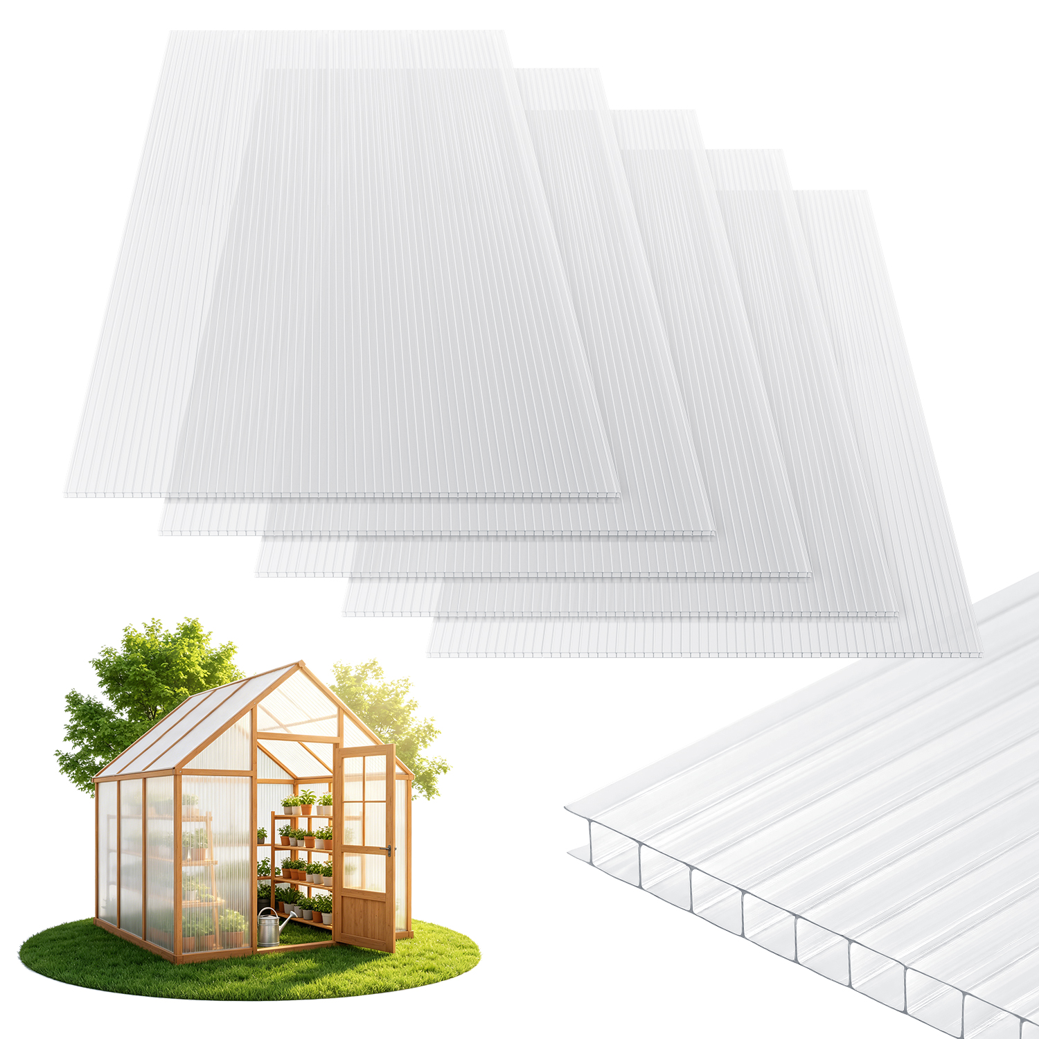 Wolketon 5x Polycarbonat Hohlkammerplatten 8mm Transparent Hohlkammerstegplatten Uv-beständigen Für Gewächshaus Carports