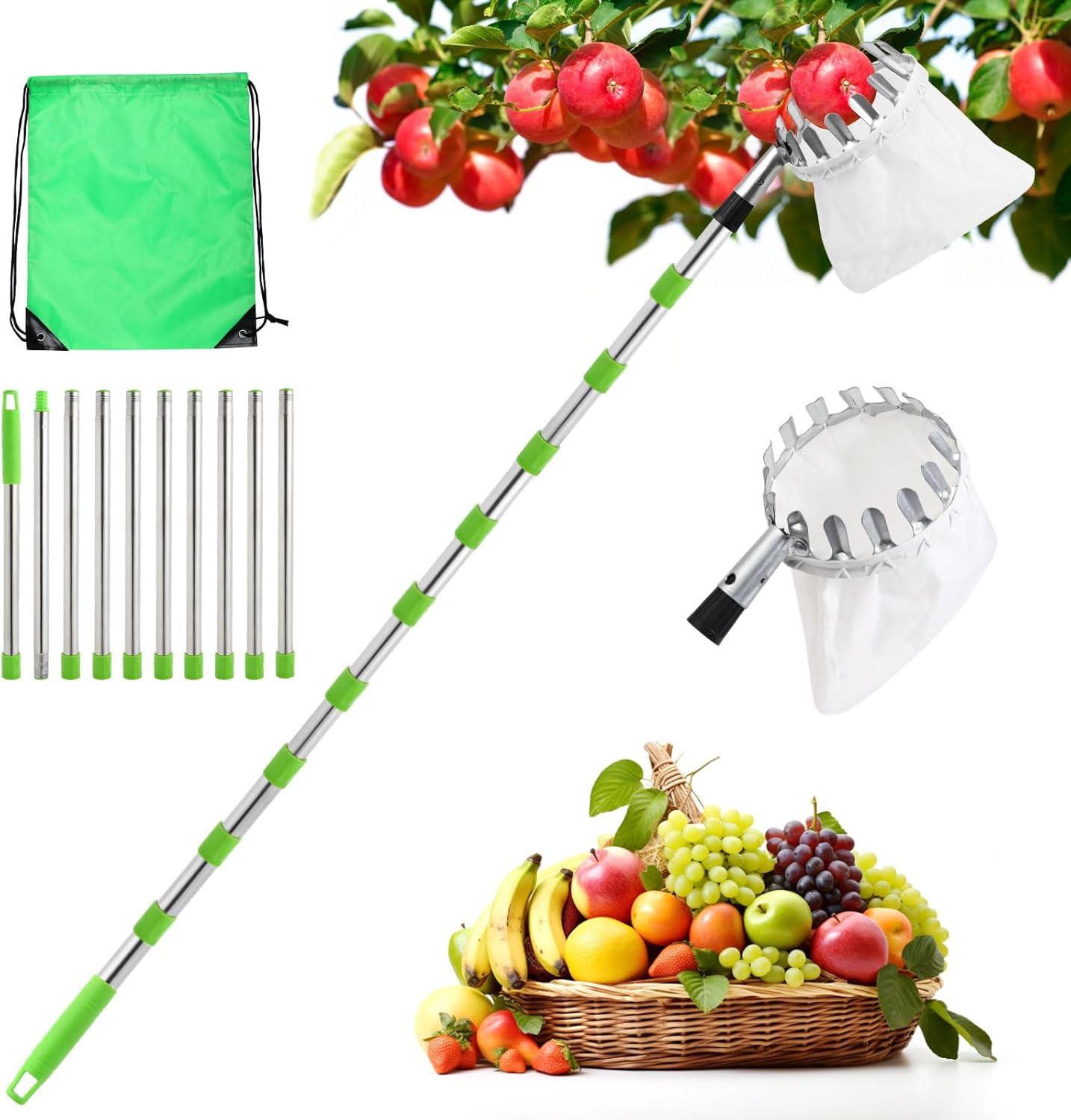 M Teleskop-obstpflücker Mit 10 Abnehmbaren Stangen, Apfelpflückwerkzeug Abnehmbarer Obstpflücker, Leichte, Verstellbare Stange, Baumwollbeutel, Für Birnen Und Pfirsiche