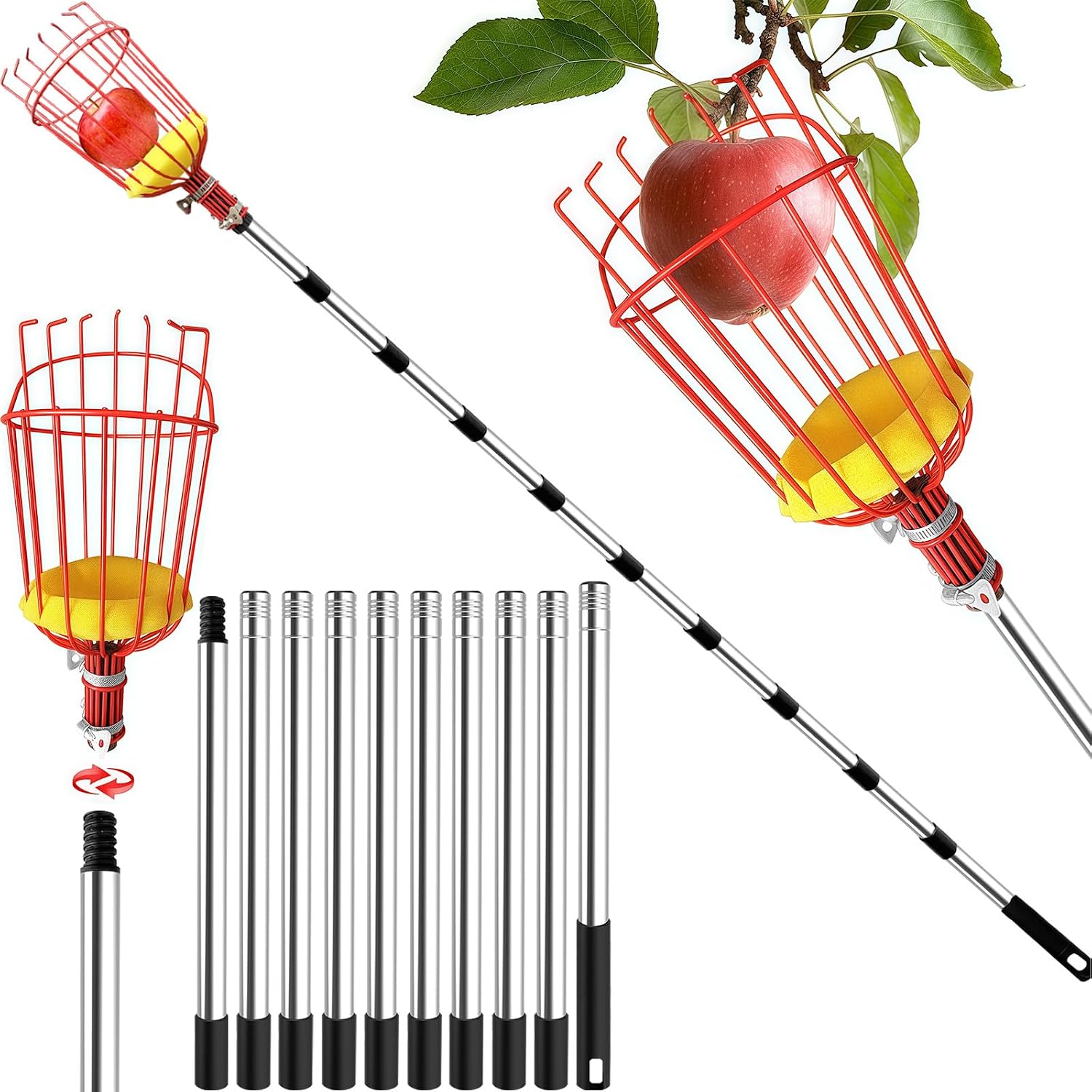 Teleskop-obstpflücker, 4 M Lang, Mit Verstellbarer Stange, Leicht, Für Kirschen, Äpfel Und Birnen, Inklusive Edelstahlkorb, Garten-, Baum- Und Pfirsichpflückwerkzeug