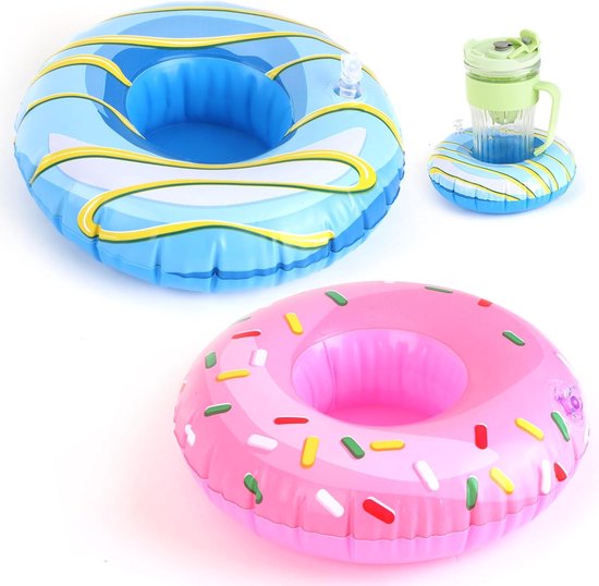 Set Mit 2 Aufblasbaren, Schwimmenden, Donut-förmigen Becherhaltern – Rosa Und Blaue Becherständer Mit Streuseln, Für Pool-, Strand- Und Gartenpartys