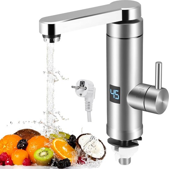 Elektrischer Wasserhahn Edelstahl, 220 V, 3000 W, Sofort Heißwasserhahn Mit Digitaler Led Anzeige Und 360° Drehbarem, Einstellbarer Temperatur, W