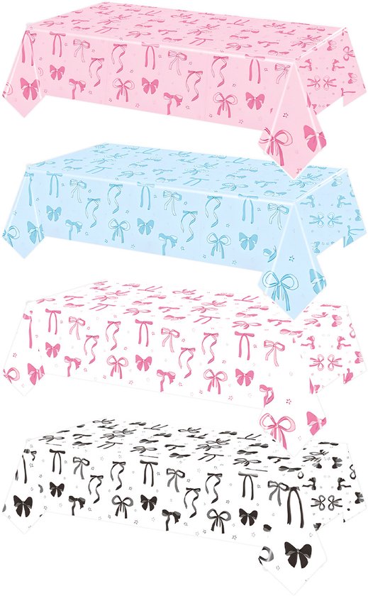 Tischdecken Set Mit Rosa Schleife 4 Teilig 137 X 274 Cm Festliche Tischdekoration Wasserfest Ölabweisend Für Geburtstagsfeiern, Babypartys Und Ho