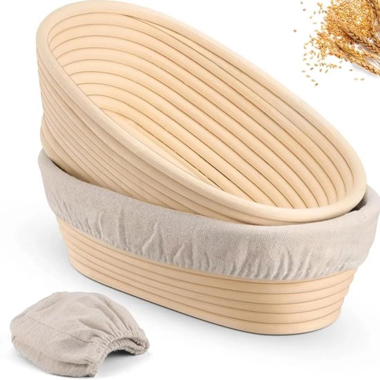 2-teiliges Ovales Gärkörbchen, Gärkörbe 25 Cm, Gärkörbchen-set Aus Naturweide, Brotkorb Inklusive 2 Leinentüchern, Banneton-gärkorb, Brotbackkorb