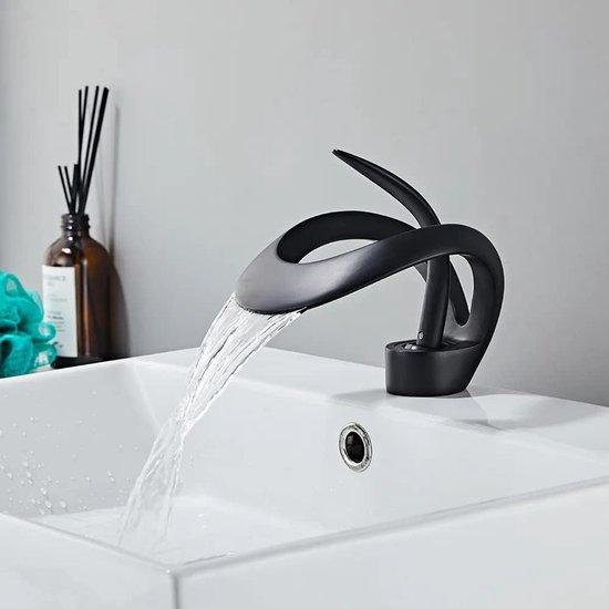 Elegante Wasserfall Waschtischarmatur Mit Einhebelmischer Und Einlochmontage, Massives Messing, Für Waschbecken, Schwarz