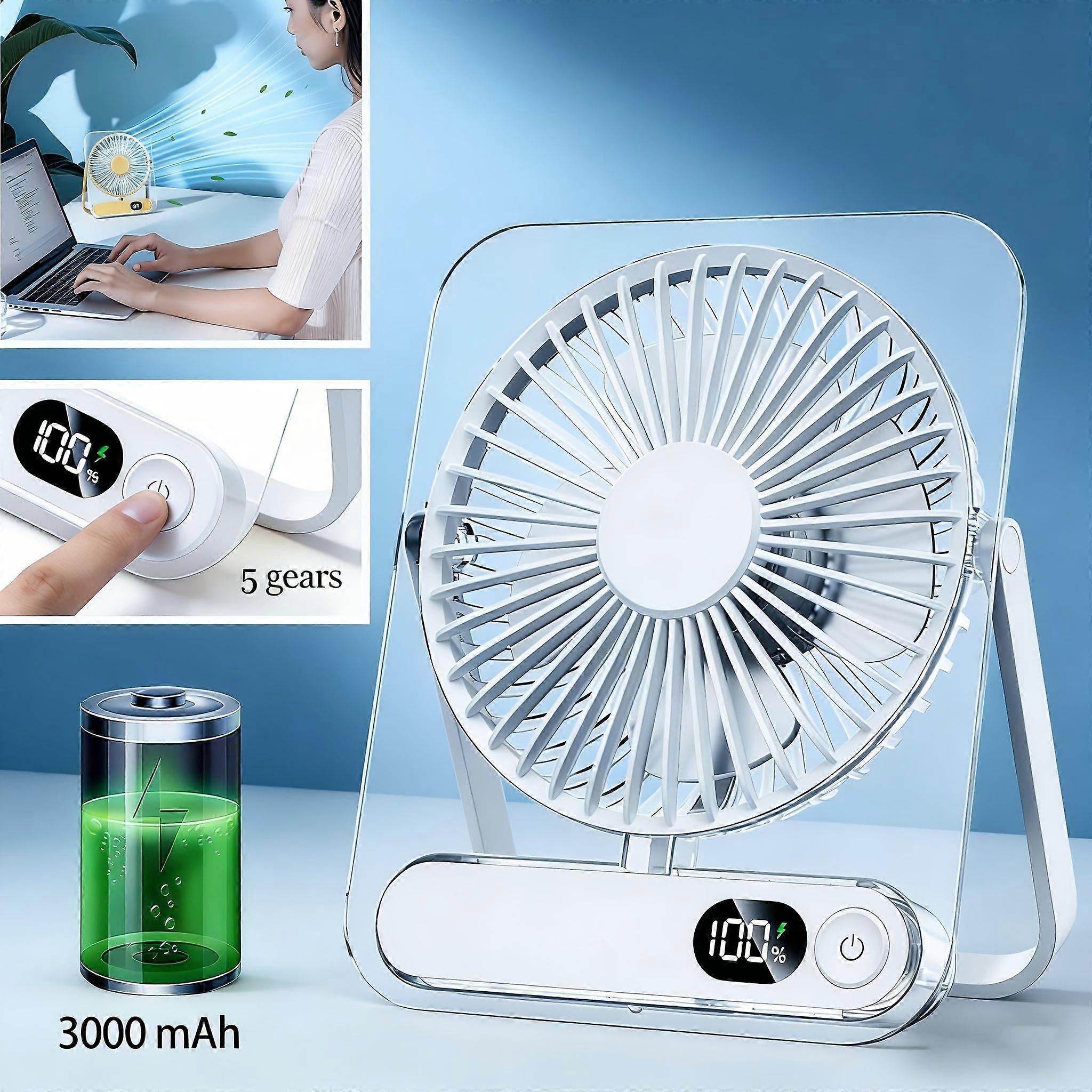 Tragbarer Usb-tischventilator Mit 3000-mah-akku, Ultraleisem Betrieb, 5 Geschwindigkeitsstufen, Um 180° Verstellbarem Und Faltbarem Design Sowie Digitalanzeige Für Zuhause Und Büro.