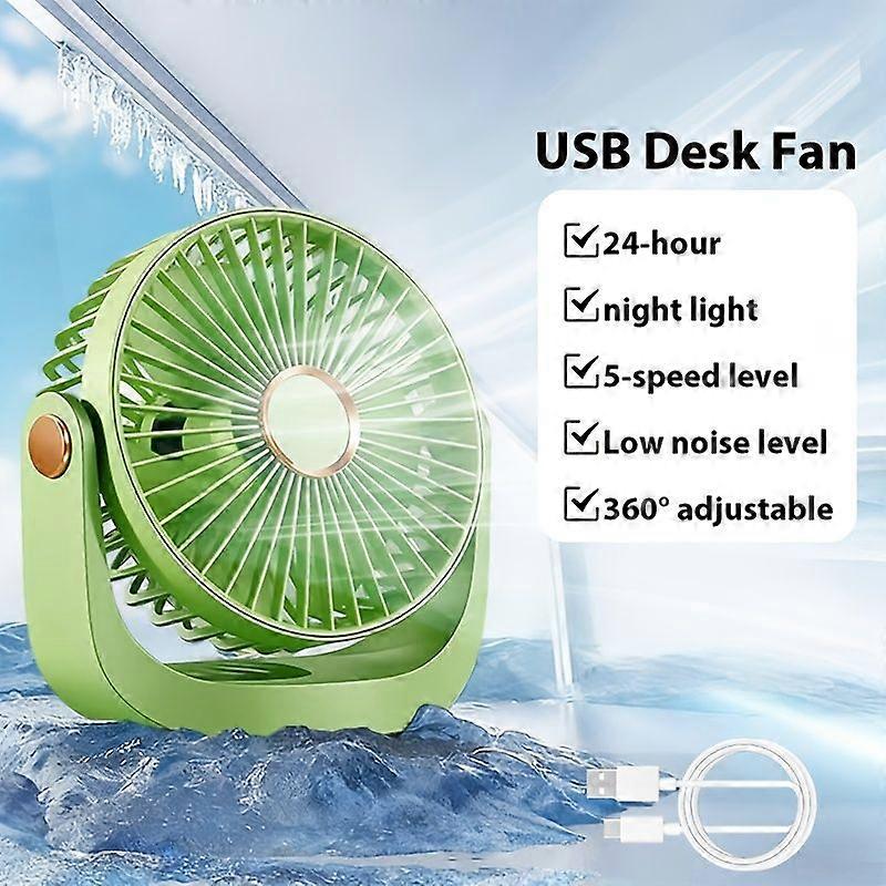Usb-tischventilator, 5-stufiger, Wiederaufladbarer Ventilator Mit Nachtlicht, 360° Verstellbarer, Geräuscharmer Tischventilator Für Zuhause, Büro, Schlafzimmer, Usb-betrieben