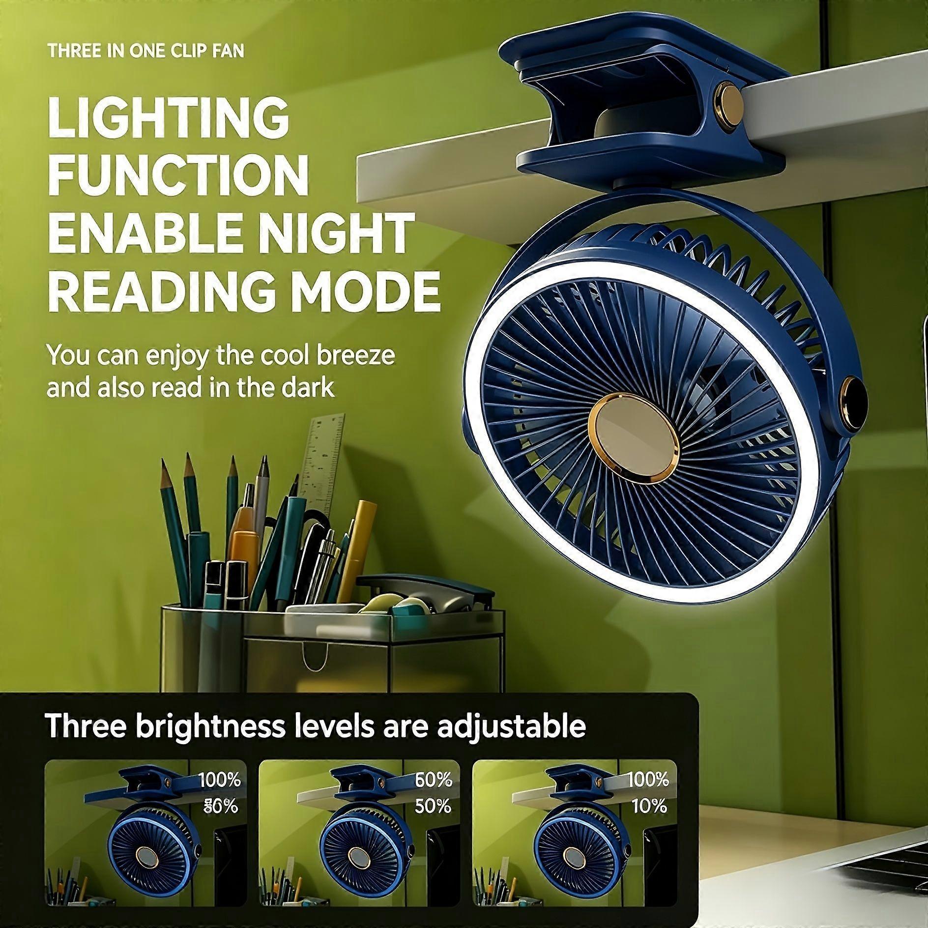Tragbarer Clip-ventilator 3-in-1 Mit Nachtlicht Und Schreibtischlampe, Usb-aufladbar, 5 Geschwindigkeitsstufen, 3 Helligkeitsstufen, Lange Akkulaufzeit Für Reisen, Büro Und Outdoor