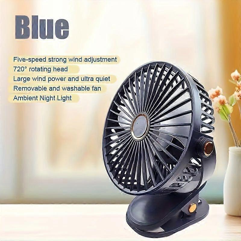 Tragbarer Tischventilator Mit Clip, Usb-aufladbar, 5 Geschwindigkeitsstufen, 720° Drehbarer Kopf, Abnehmbarer Und Waschbarer Bezug, Nachtlicht, Starker Luftstrom, Extrem Leise.