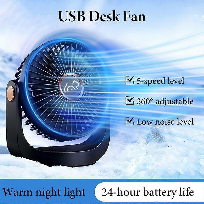 Tragbarer, Per Usb Aufladbarer Tischventilator Mit 3000-mah-akku, Ultraleise, 5 Geschwindigkeitsstufen, 360° Drehbar, Kann Vertikal Aufgehängt Werden – Ideal Für Zuhause, Büro Und Reisen.