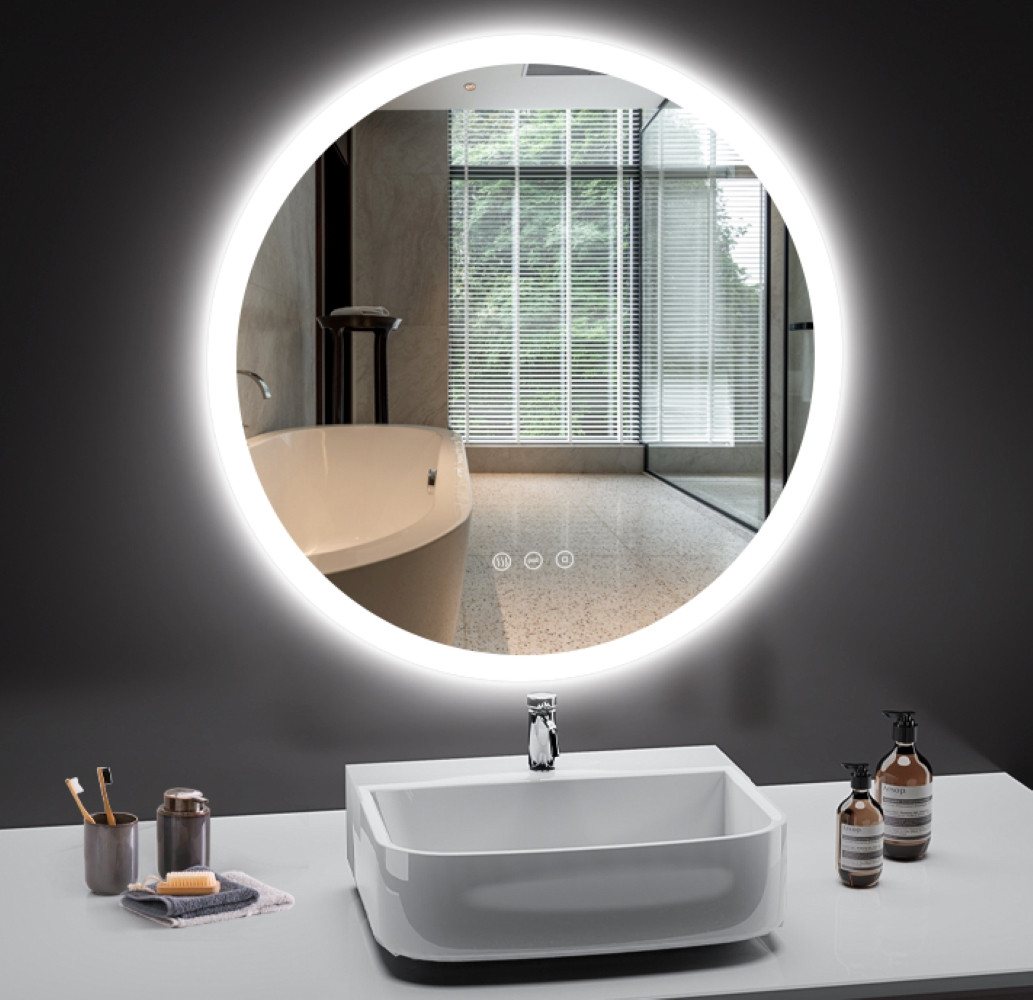 Runder Badezimmerspiegel Pesenxan 70 Cm Mit Led-beleuchtung, 3 Lichtfarben, Dimmer, Anti-beschlag, Touch, Speicher, Warmweiß/kaltweiß/neutral
