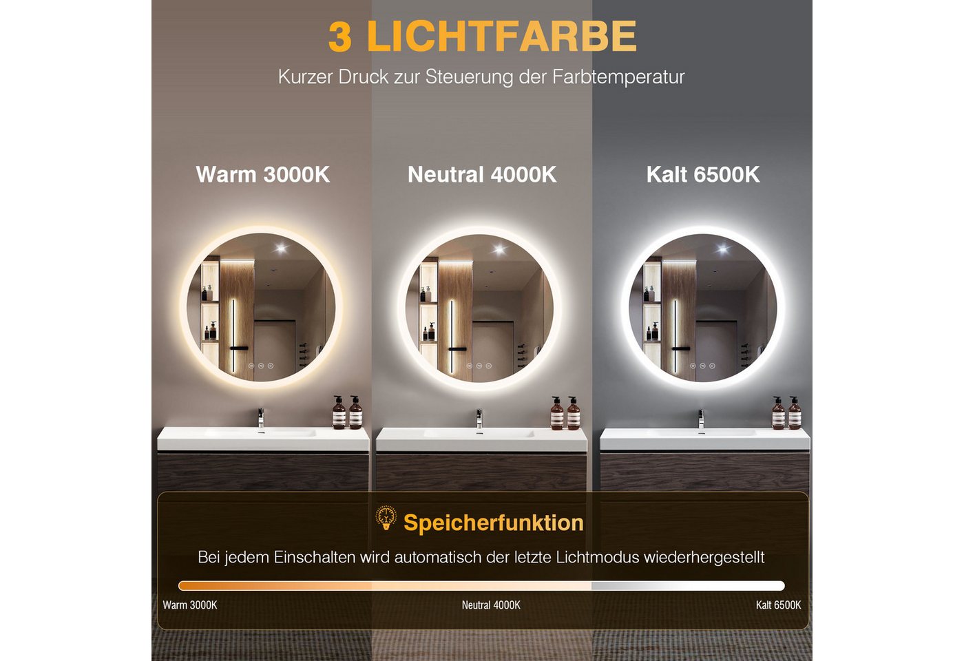 Runder Badezimmerspiegel Pesenxan 70 Cm Mit Led-beleuchtung, 3 Lichtfarben, Dimmer, Anti-beschlag, Touch, Speicher, Warmweiß/kaltweiß/neutral Bild 2