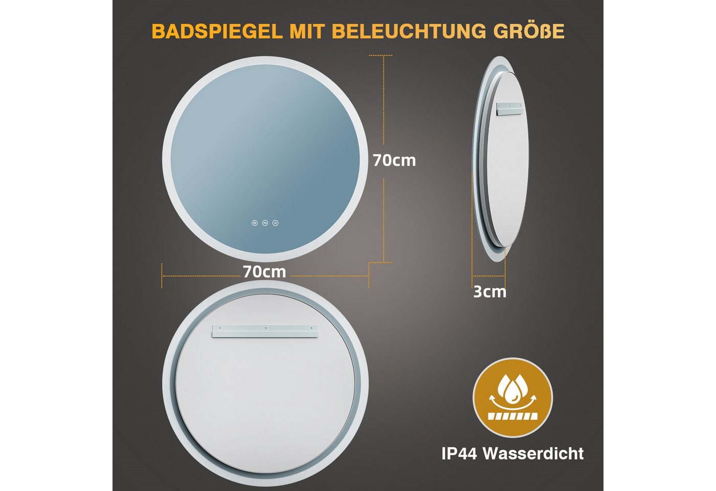 Runder Badezimmerspiegel Pesenxan 70 Cm Mit Led-beleuchtung, 3 Lichtfarben, Dimmer, Anti-beschlag, Touch, Speicher, Warmweiß/kaltweiß/neutral Bild 3