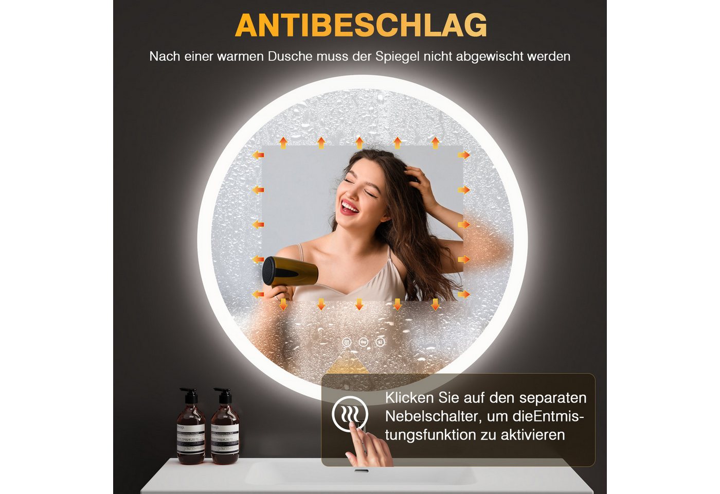 Runder Badezimmerspiegel Pesenxan 70 Cm Mit Led-beleuchtung, 3 Lichtfarben, Dimmer, Anti-beschlag, Touch, Speicher, Warmweiß/kaltweiß/neutral Bild 5