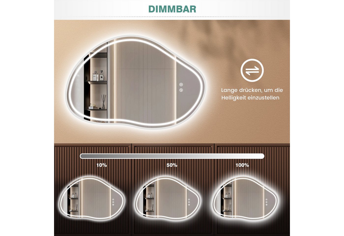 Badezimmerspiegel Pesenxan 80x53 Cm Mit Led-beleuchtung, Wolken-design, 3 Lichtfarben, Dimmer, Touch, Speicher, Ip44 Bild 2