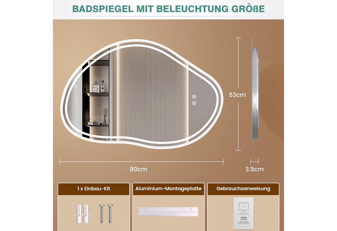Badezimmerspiegel Pesenxan 80x53 Cm Mit Led-beleuchtung, Wolken-design, 3 Lichtfarben, Dimmer, Touch, Speicher, Ip44 Bild 5