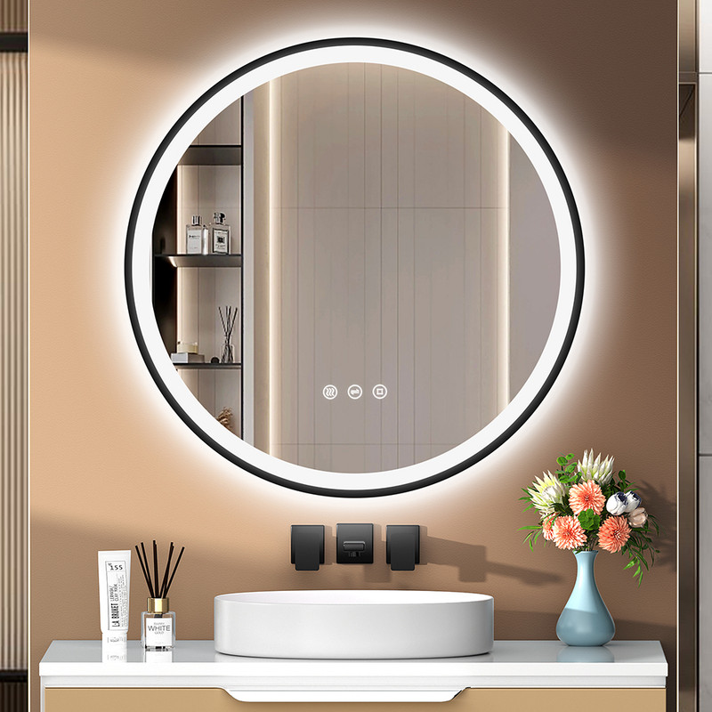 Runder Badezimmerspiegel 70 Cm Mit Led-beleuchtung, Schwarzer Rahmen, Anti-beschlag, Dimmer, 3 Lichtfarben, Touch, Speicher, Schwarz