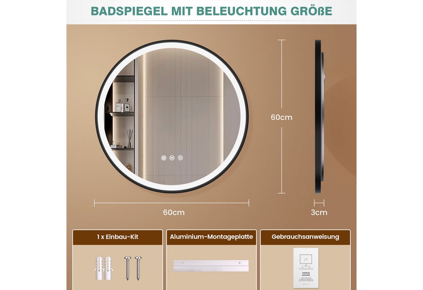 Runder Badezimmerspiegel Pesenxan 60 Cm Mit Led-beleuchtung, Anti-beschlag, Dimmer, 3 Lichtfarben, Touch, Speicher, Schwarz Bild 2