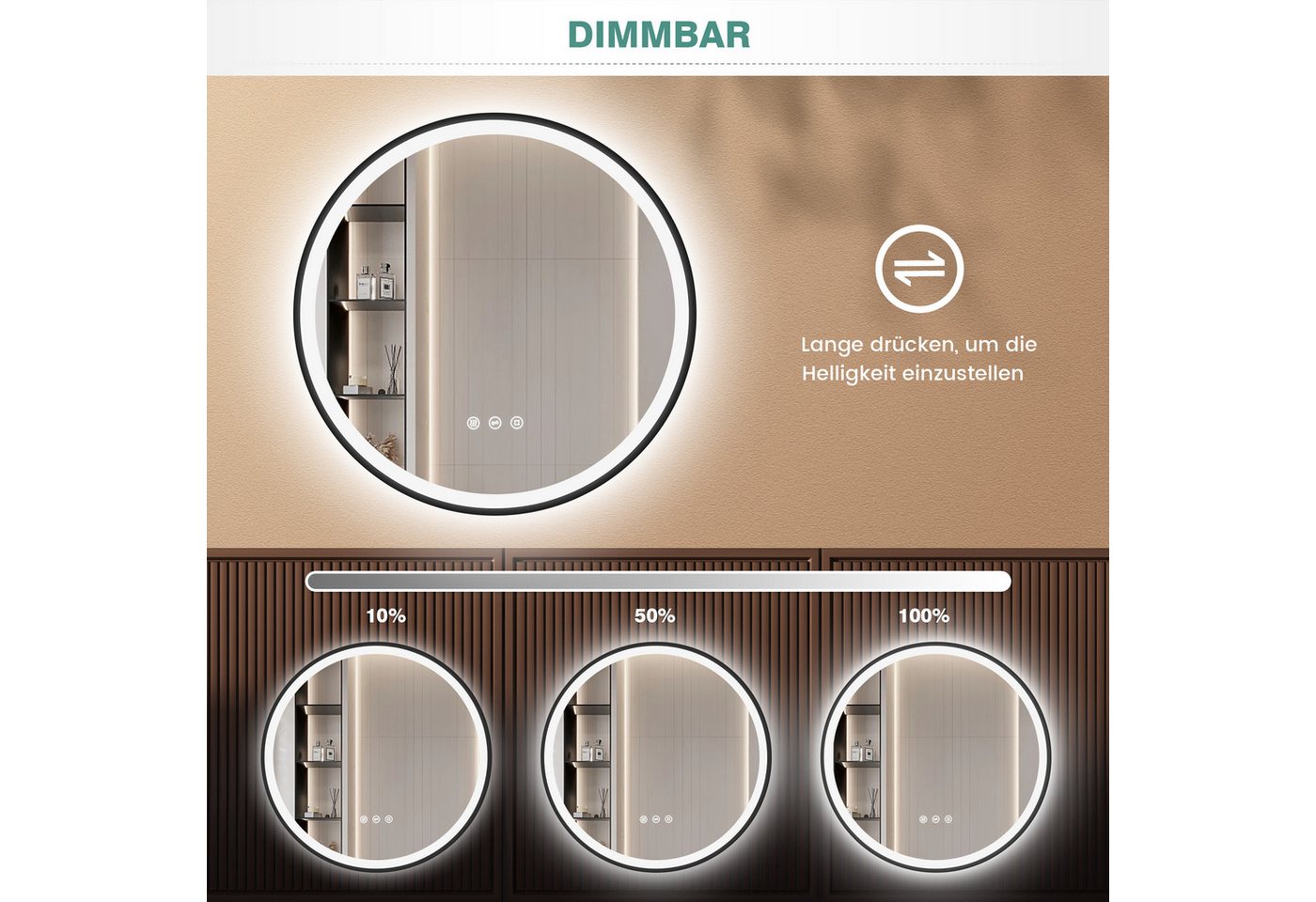Runder Badezimmerspiegel Pesenxan 60 Cm Mit Led-beleuchtung, Anti-beschlag, Dimmer, 3 Lichtfarben, Touch, Speicher, Schwarz Bild 3