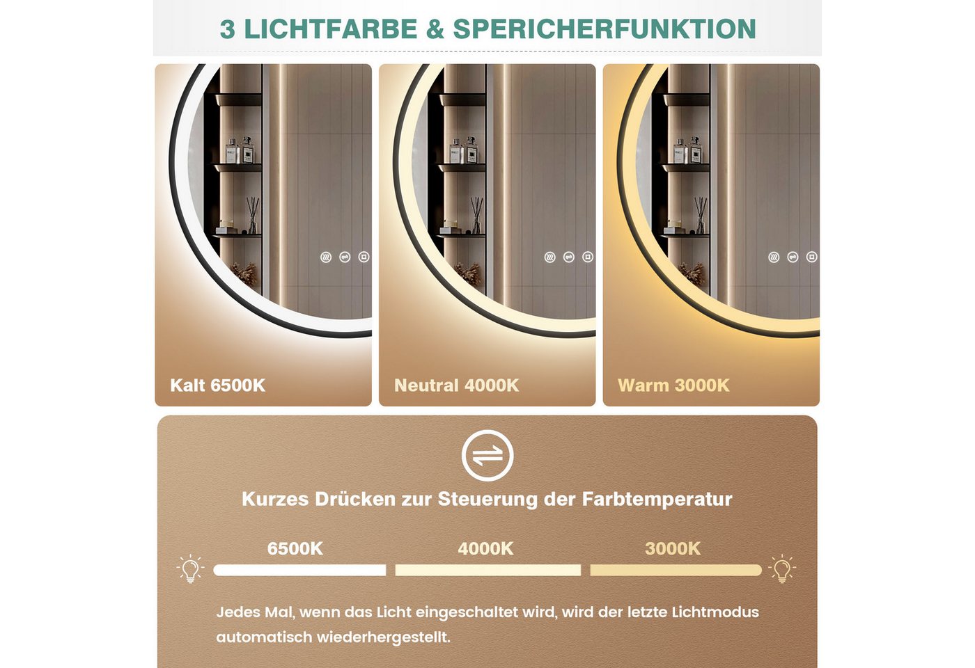 Runder Badezimmerspiegel Pesenxan 60 Cm Mit Led-beleuchtung, Anti-beschlag, Dimmer, 3 Lichtfarben, Touch, Speicher, Schwarz Bild 4