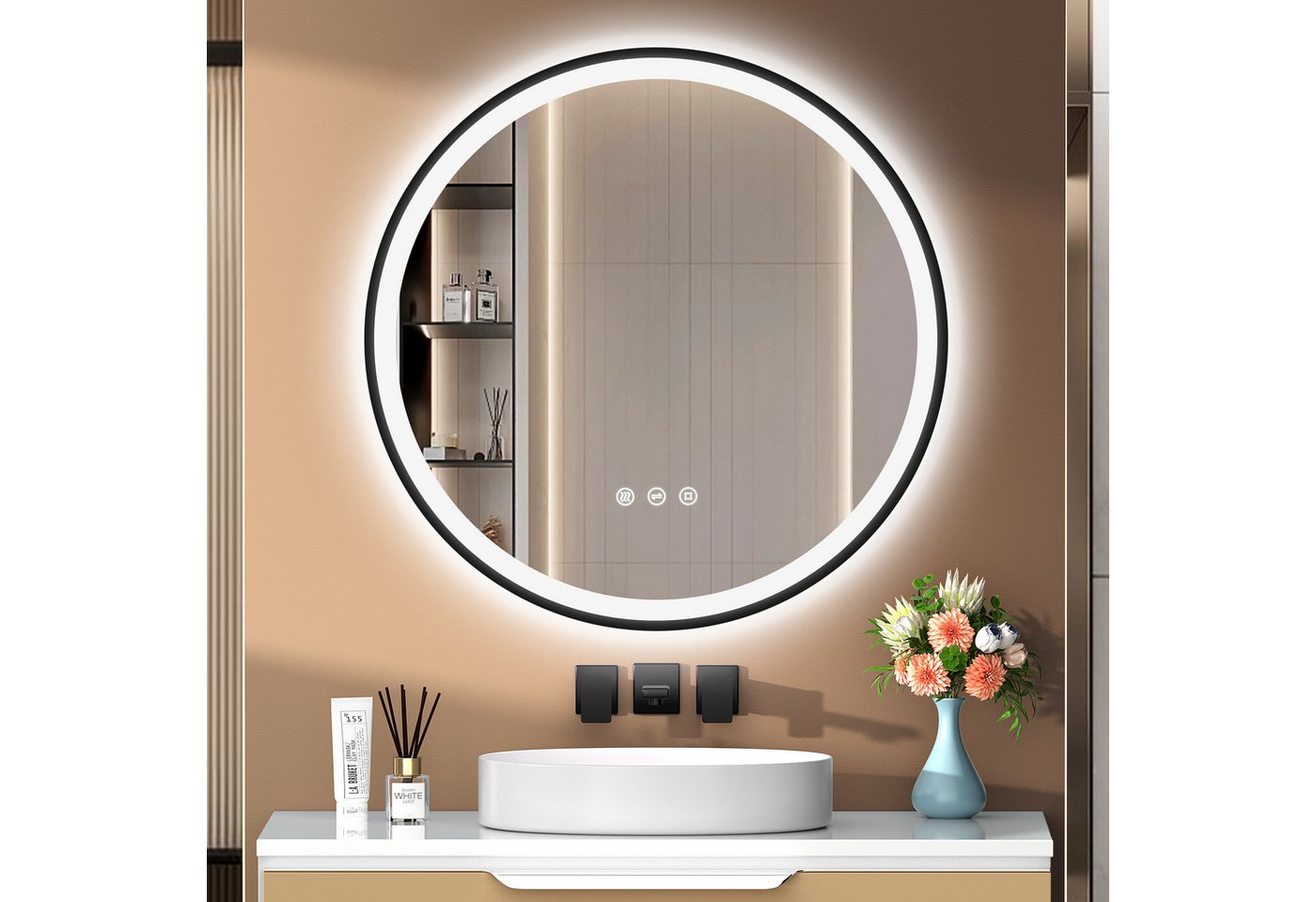 Runder Badezimmerspiegel Pesenxan 60 Cm Mit Led-beleuchtung, Anti-beschlag, Dimmer, 3 Lichtfarben, Touch, Speicher, Schwarz Bild 5