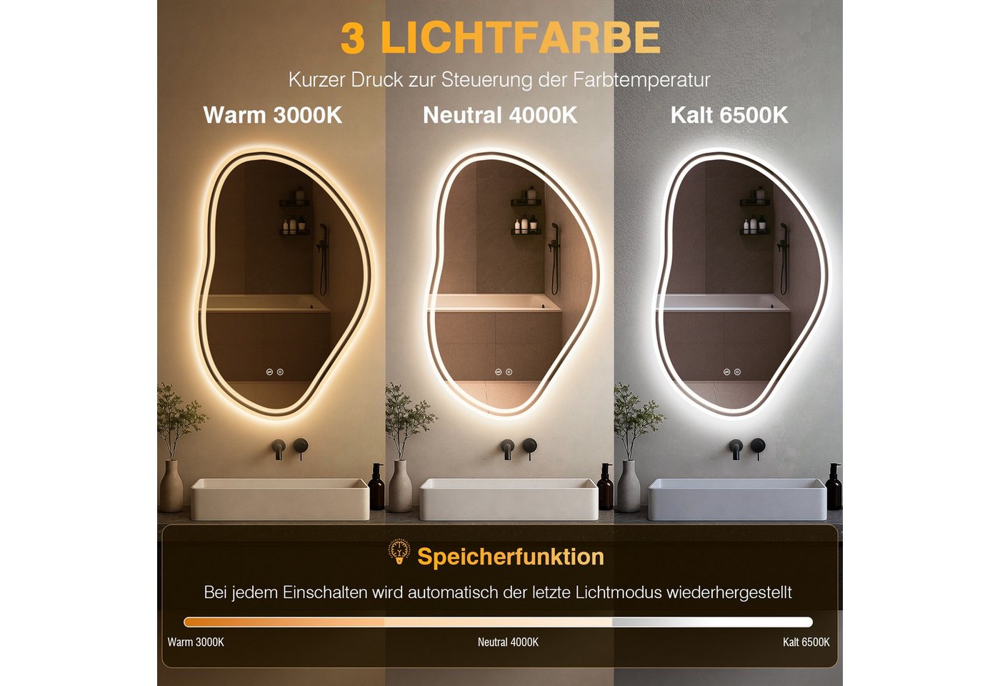Asymmetrischer Badezimmerspiegel 80x53 Cm Mit Led-beleuchtung, Wolkenform, 3 Lichtfarben, Dimmer, Touch, Speicher
