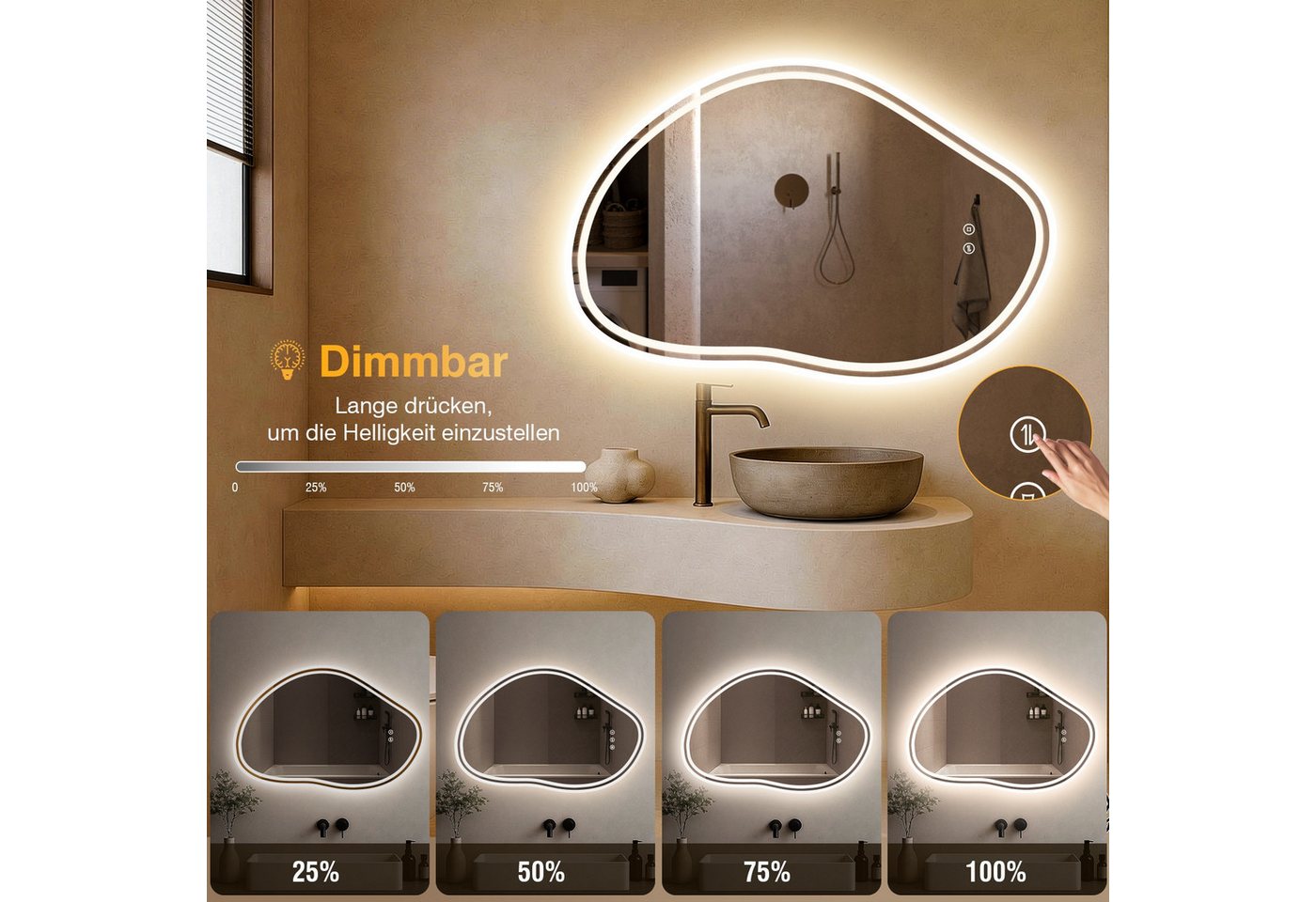 Asymmetrischer Badezimmerspiegel 80x53 Cm Mit Led-beleuchtung, Wolkenform, 3 Lichtfarben, Dimmer, Touch, Speicher Bild 2
