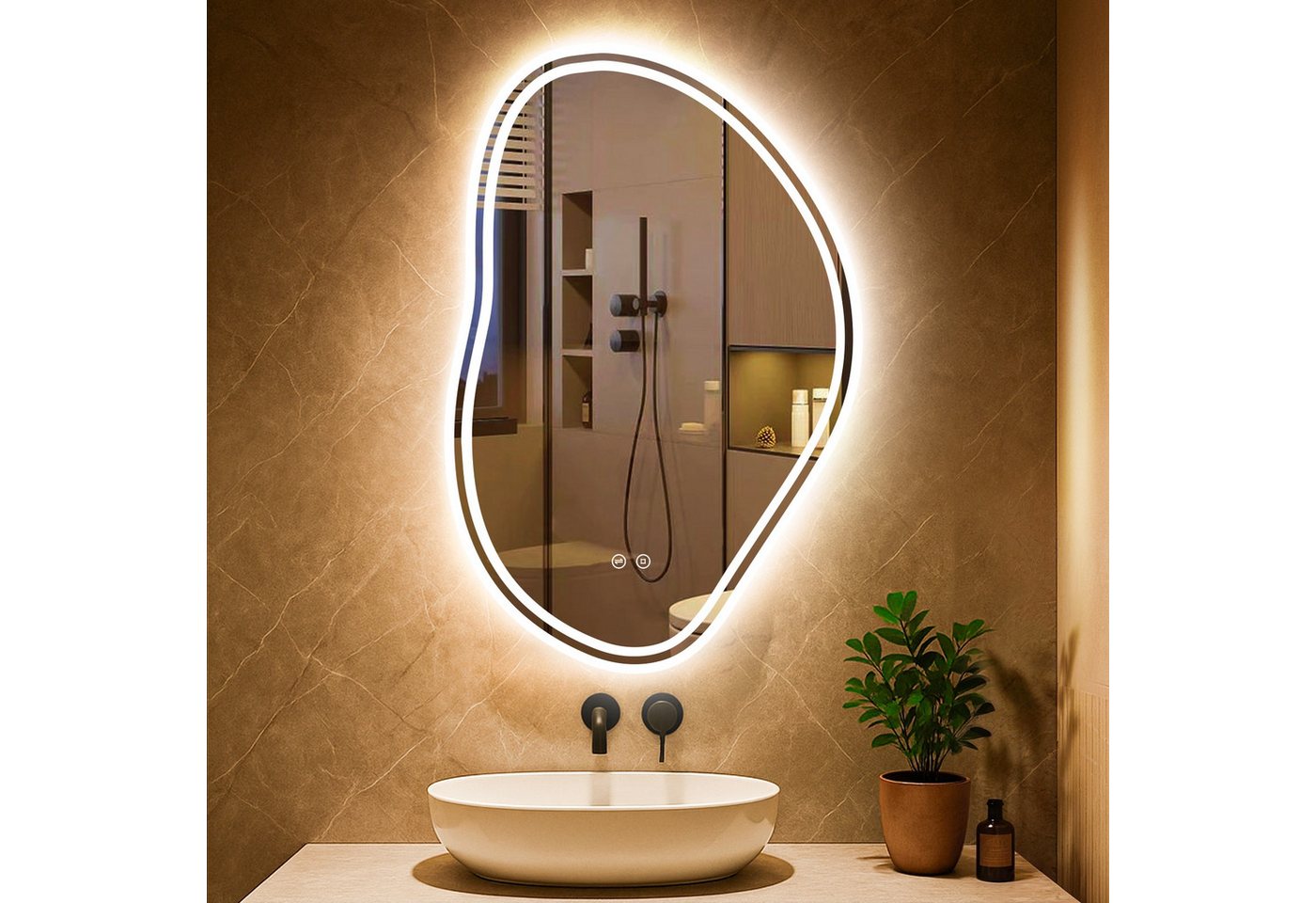 Asymmetrischer Badezimmerspiegel 80x53 Cm Mit Led-beleuchtung, Wolkenform, 3 Lichtfarben, Dimmer, Touch, Speicher Bild 4