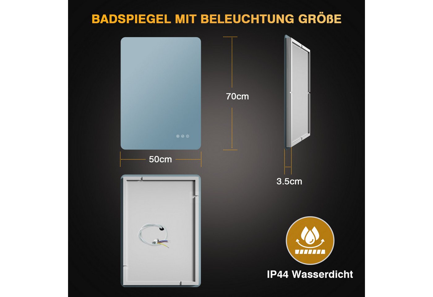 Badezimmerspiegel Mit Led-beleuchtung 50x70 Cm, Anti-beschlag, 3 Lichtfarben, Dimmer, Touch, Speicher, Rechteckig, Horizontal/vertikal