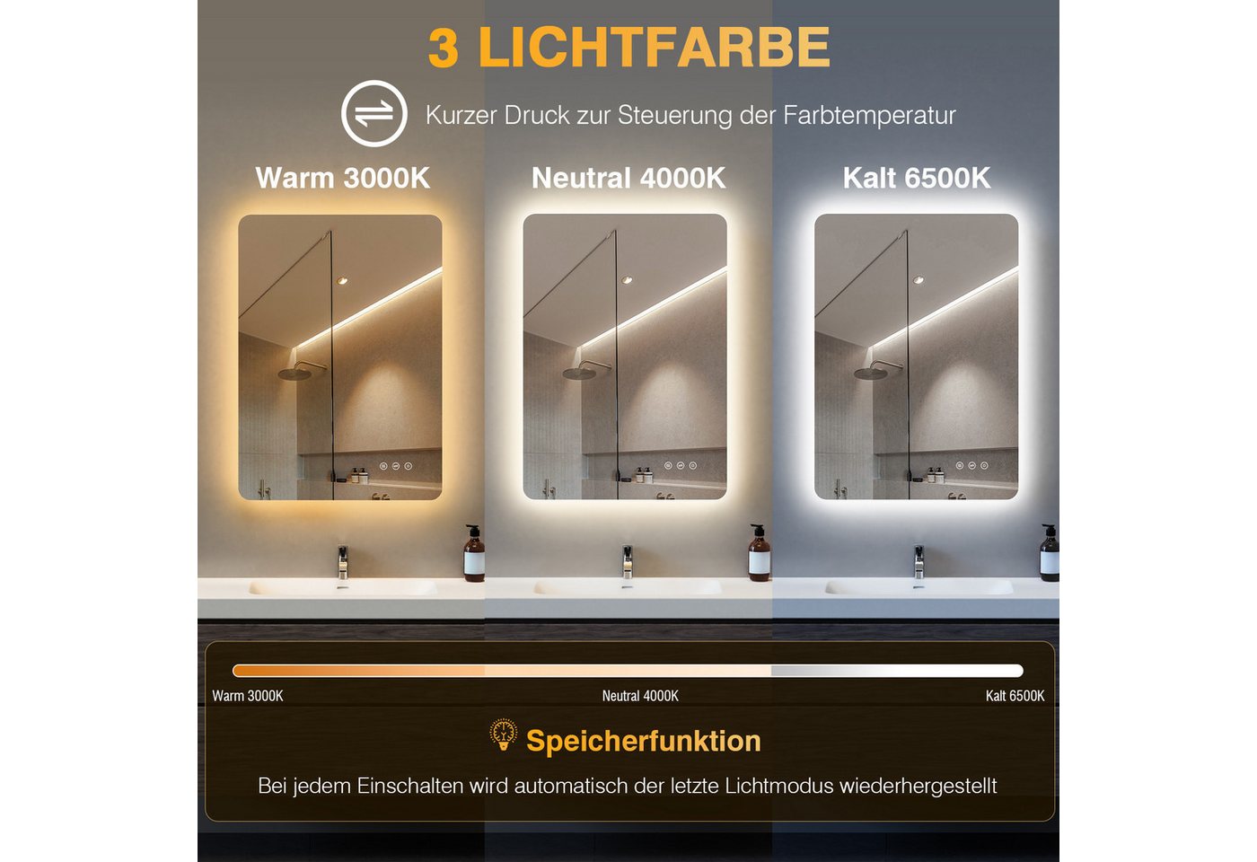 Badezimmerspiegel Mit Led-beleuchtung 50x70 Cm, Anti-beschlag, 3 Lichtfarben, Dimmer, Touch, Speicher, Rechteckig, Horizontal/vertikal Bild 2