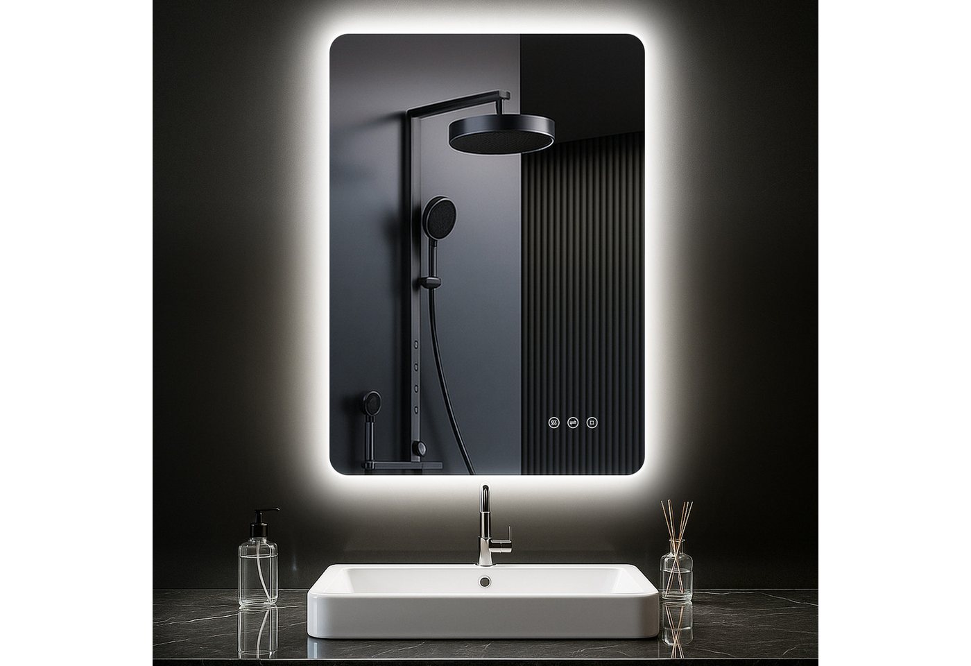 Badezimmerspiegel Mit Led-beleuchtung 50x70 Cm, Anti-beschlag, 3 Lichtfarben, Dimmer, Touch, Speicher, Rechteckig, Horizontal/vertikal Bild 3