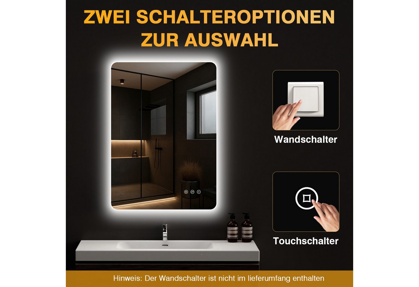 Badezimmerspiegel Mit Led-beleuchtung 50x70 Cm, Anti-beschlag, 3 Lichtfarben, Dimmer, Touch, Speicher, Rechteckig, Horizontal/vertikal Bild 5
