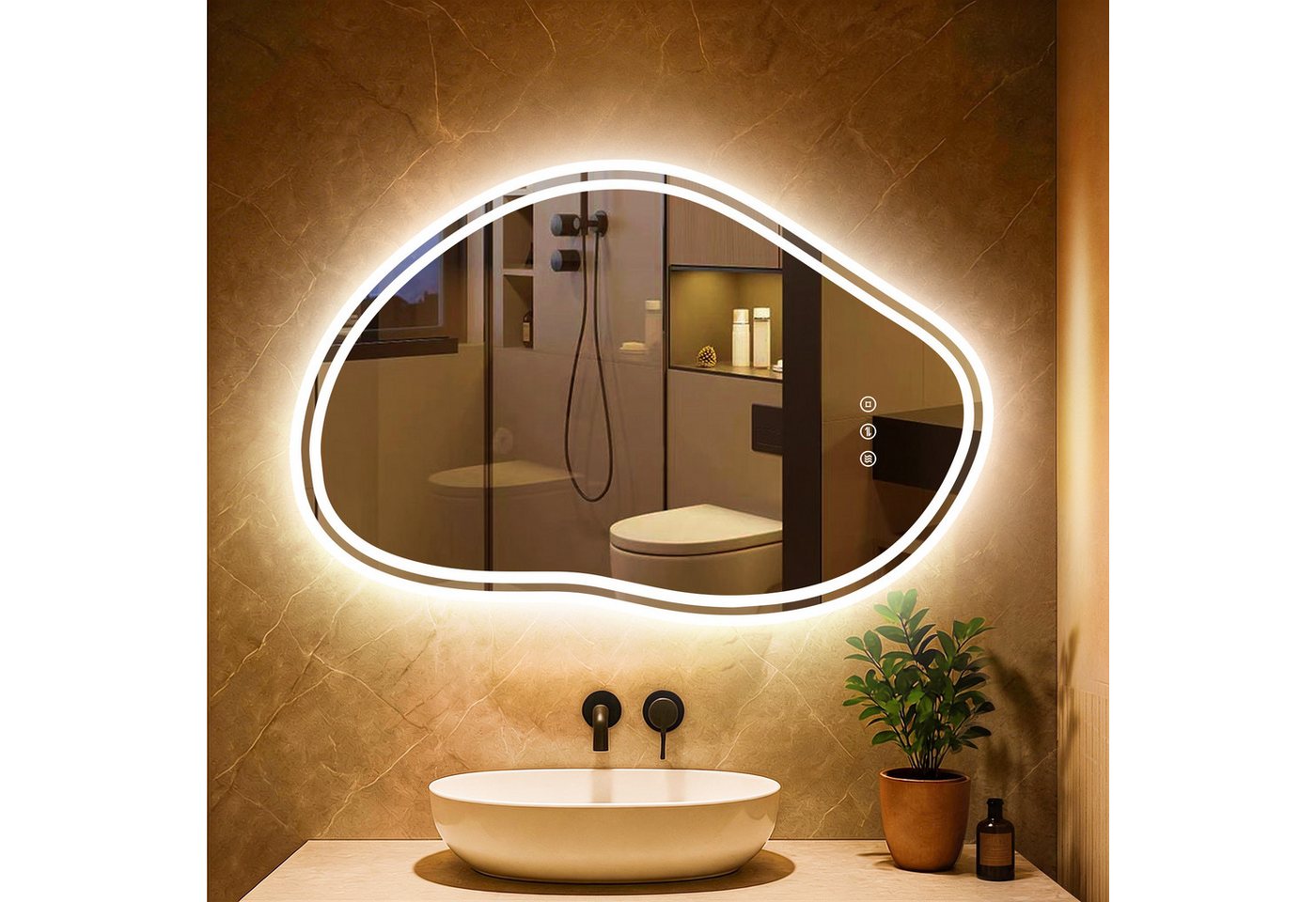 Asymmetrischer Badezimmerspiegel 80x53 Cm Mit Led-beleuchtung, Wolkenform, 3 Lichtfarben, Anti-beschlag, Touch, Speicher
