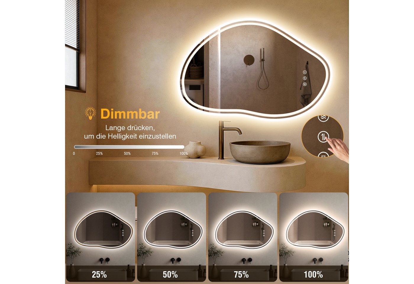 Asymmetrischer Badezimmerspiegel 80x53 Cm Mit Led-beleuchtung, Wolkenform, 3 Lichtfarben, Anti-beschlag, Touch, Speicher Bild 3